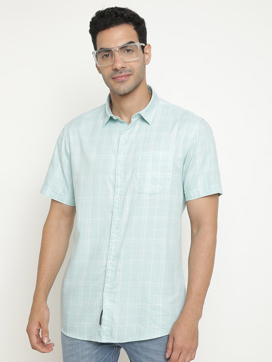 

METTLE Grid Tattersall Checks Cotton Casual Shirt, Blue