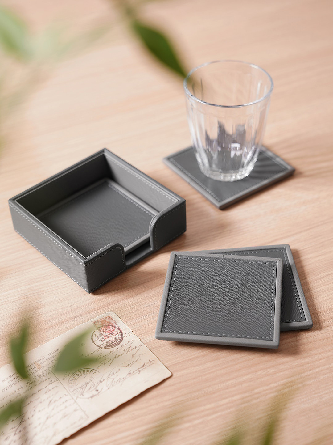 

Pure Home and Living Grey 4 Pcs Grey Faux Leather Coasters