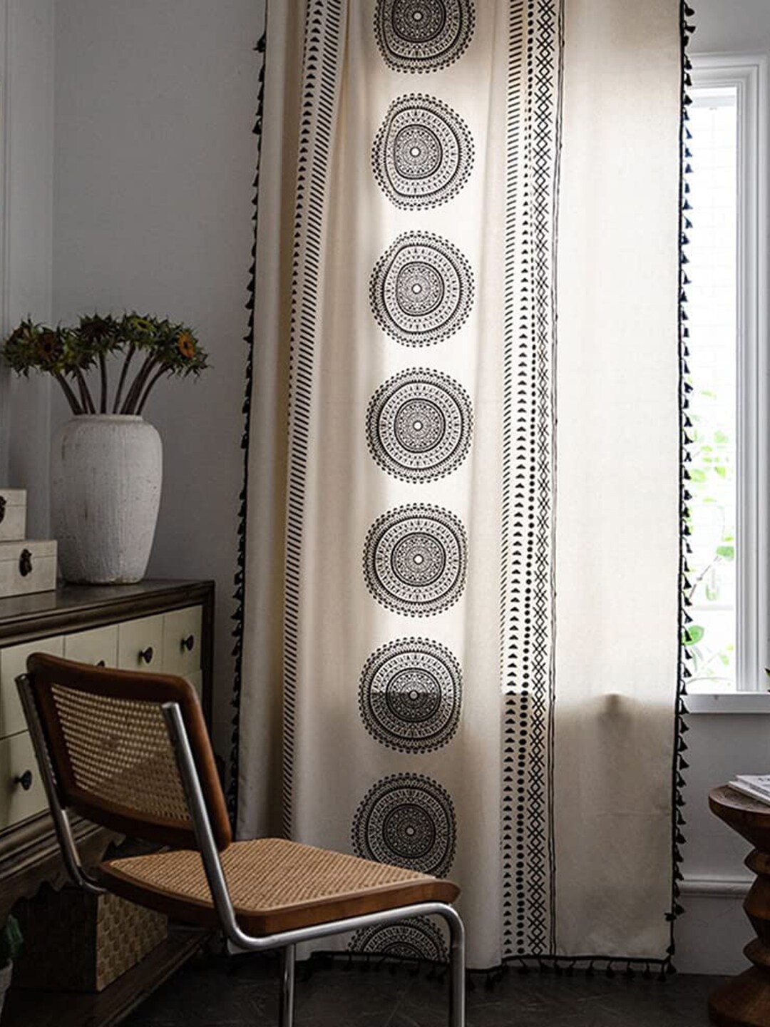 

URBAN SPACE Boho White & Black Ethnic Motifs Printed Cotton Long Door Curtain