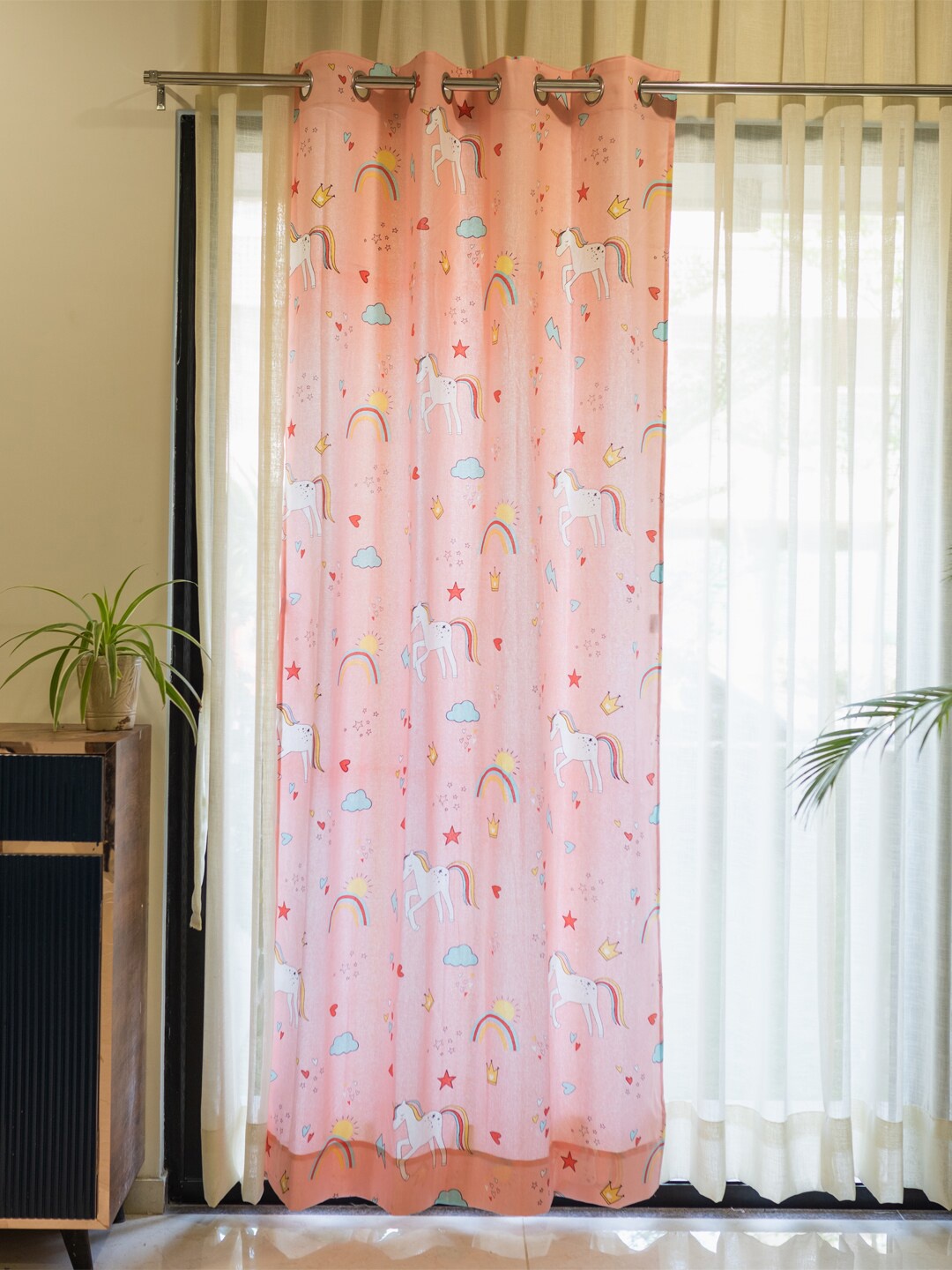 

URBAN SPACE Boho Pink & White Quirky Printed Cotton Window Curtain