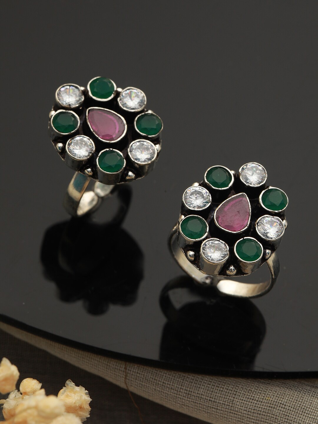 

Saraf RS Jewellery Set Of 2 Silver-Plated Stones Studded Adjustable Toe Rings