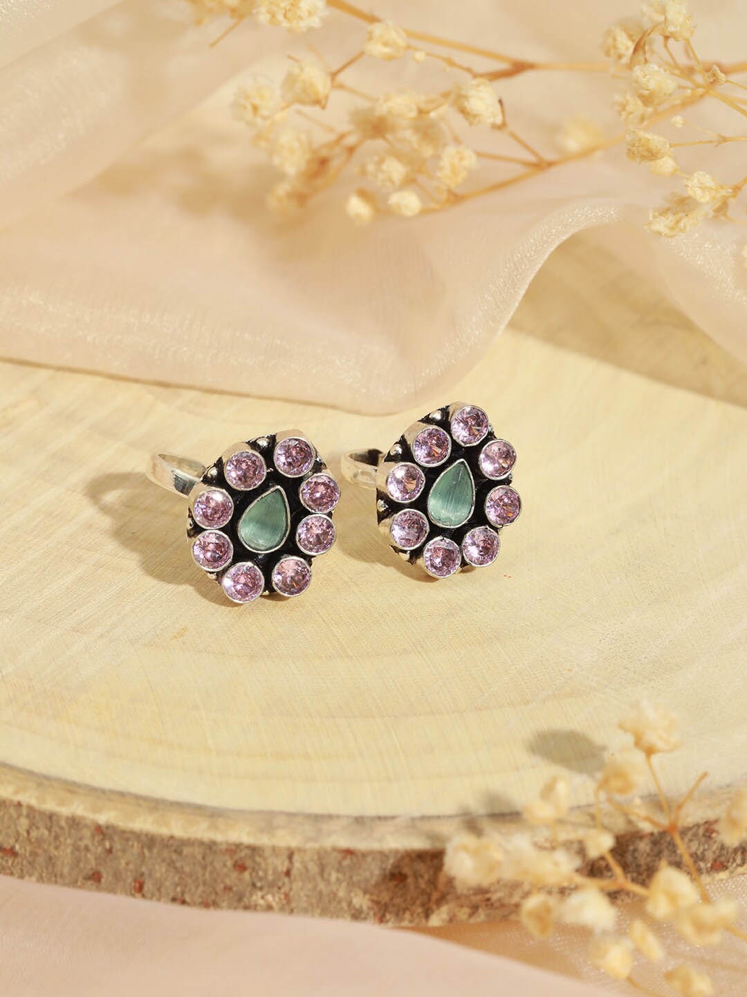 

Saraf RS Jewellery Silver-Plated CZ Studded Toe Rings, Pink