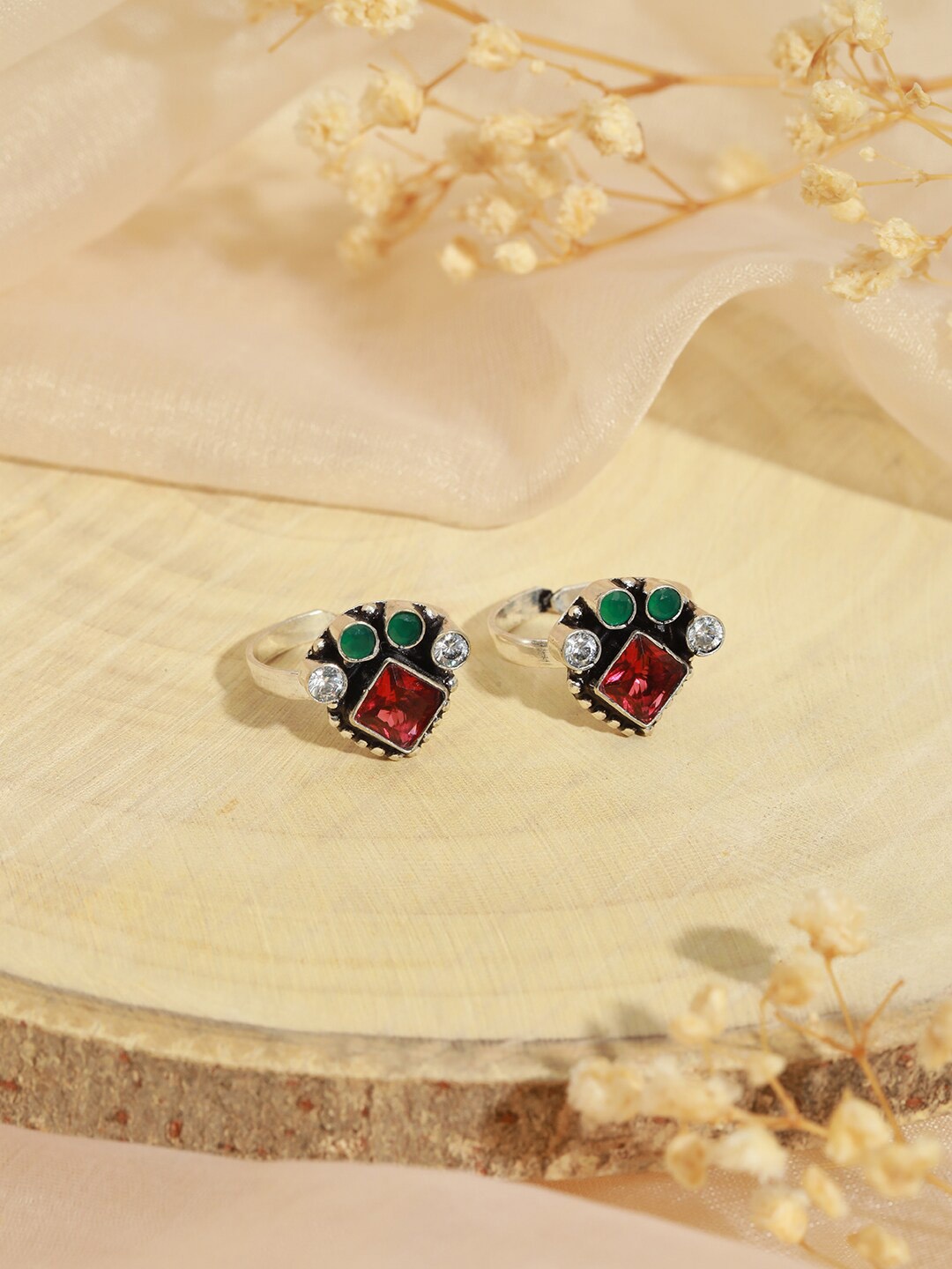 

Saraf RS Jewellery Set Of 2 Silver-Plated & Stone-Studded Adjustable Toe Rings