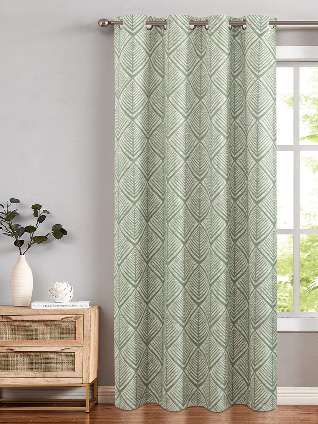 

URBAN SPACE Green & White Geometric Printed Cotton Black Out Window Curtain