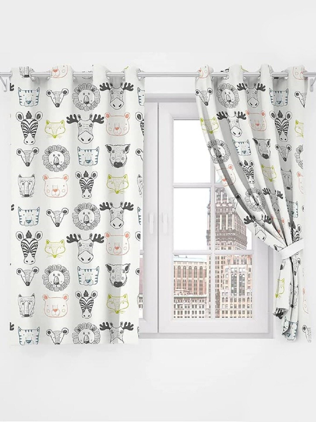 URBAN SPACE White & Grey Quirky Printed Black Out Window Curtain