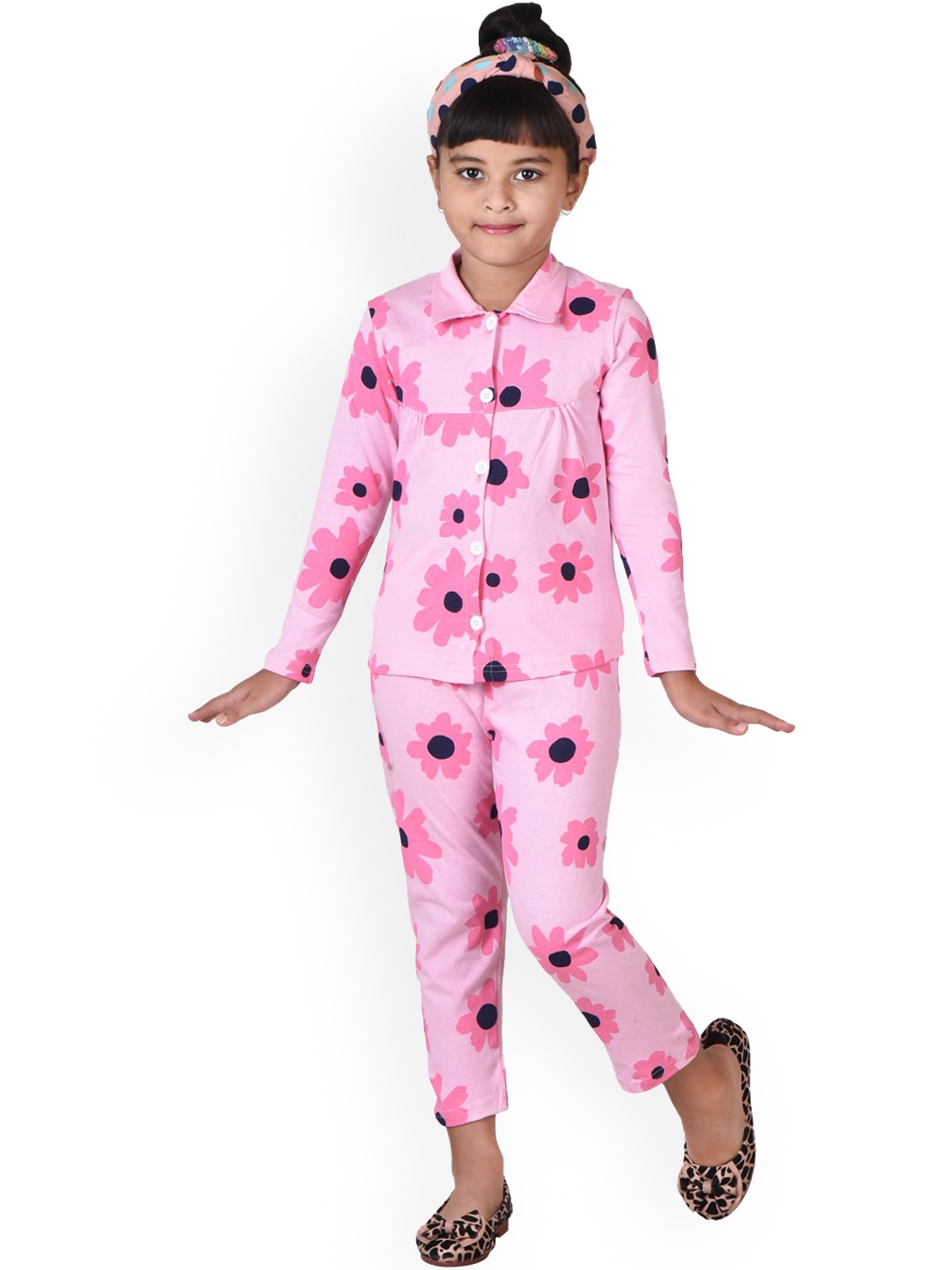 

POMY & JINNY Unisex Kids Floral Printed Pure Cotton Night Suit, Pink