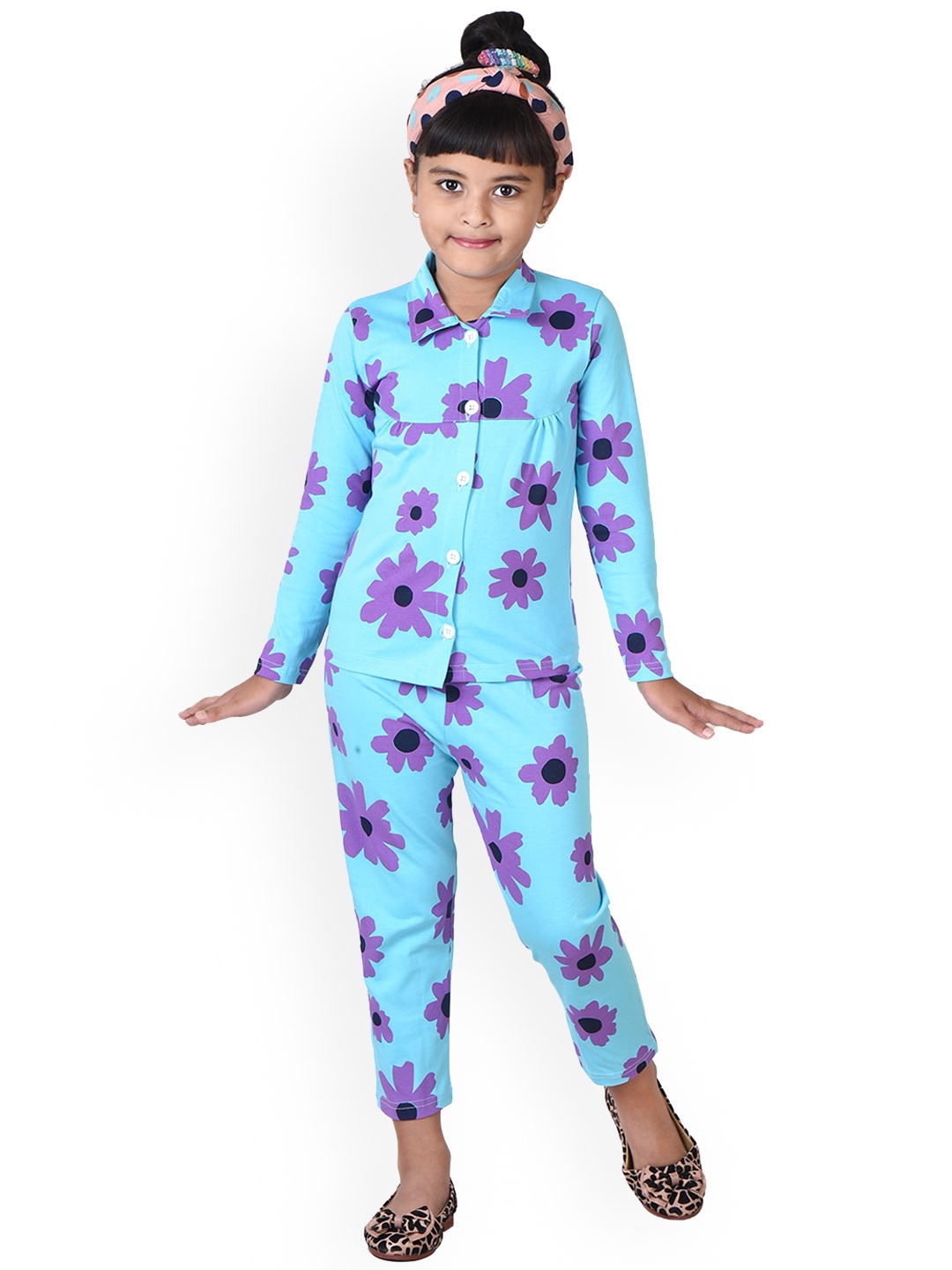 

POMY & JINNY Unisex Kids Floral Printed Pure Cotton Night Suit, Turquoise blue