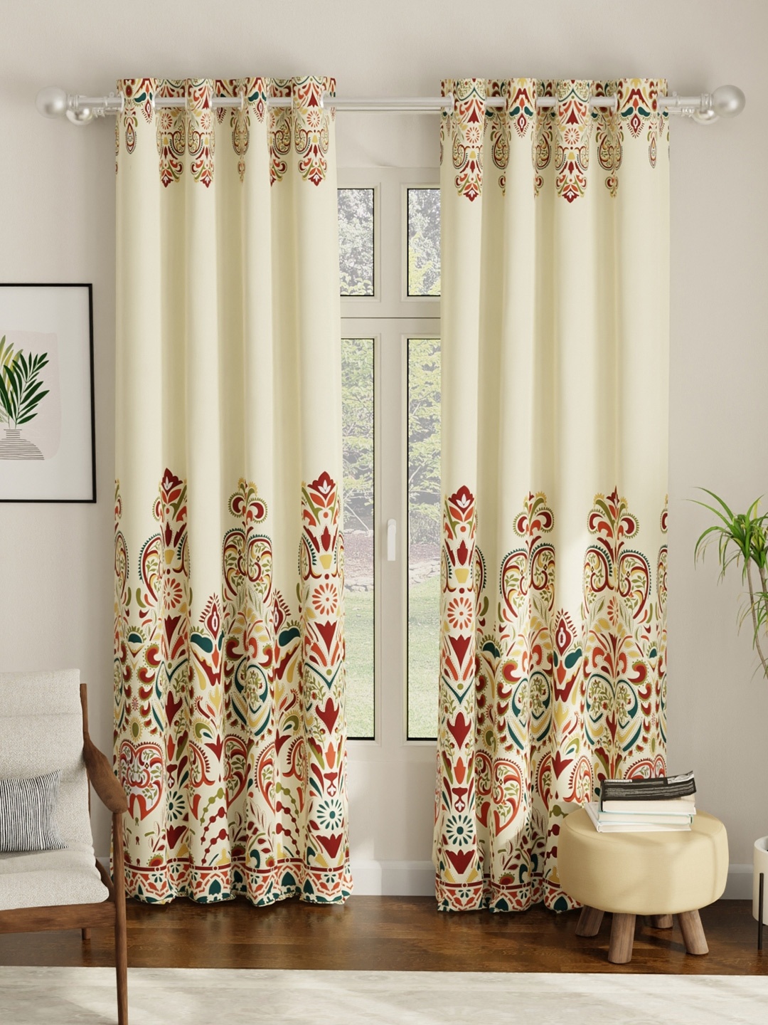 

URBAN SPACE Digital Printed White & Green 2 Pcs Ethnic Motifs Black Out Long Door Curtain