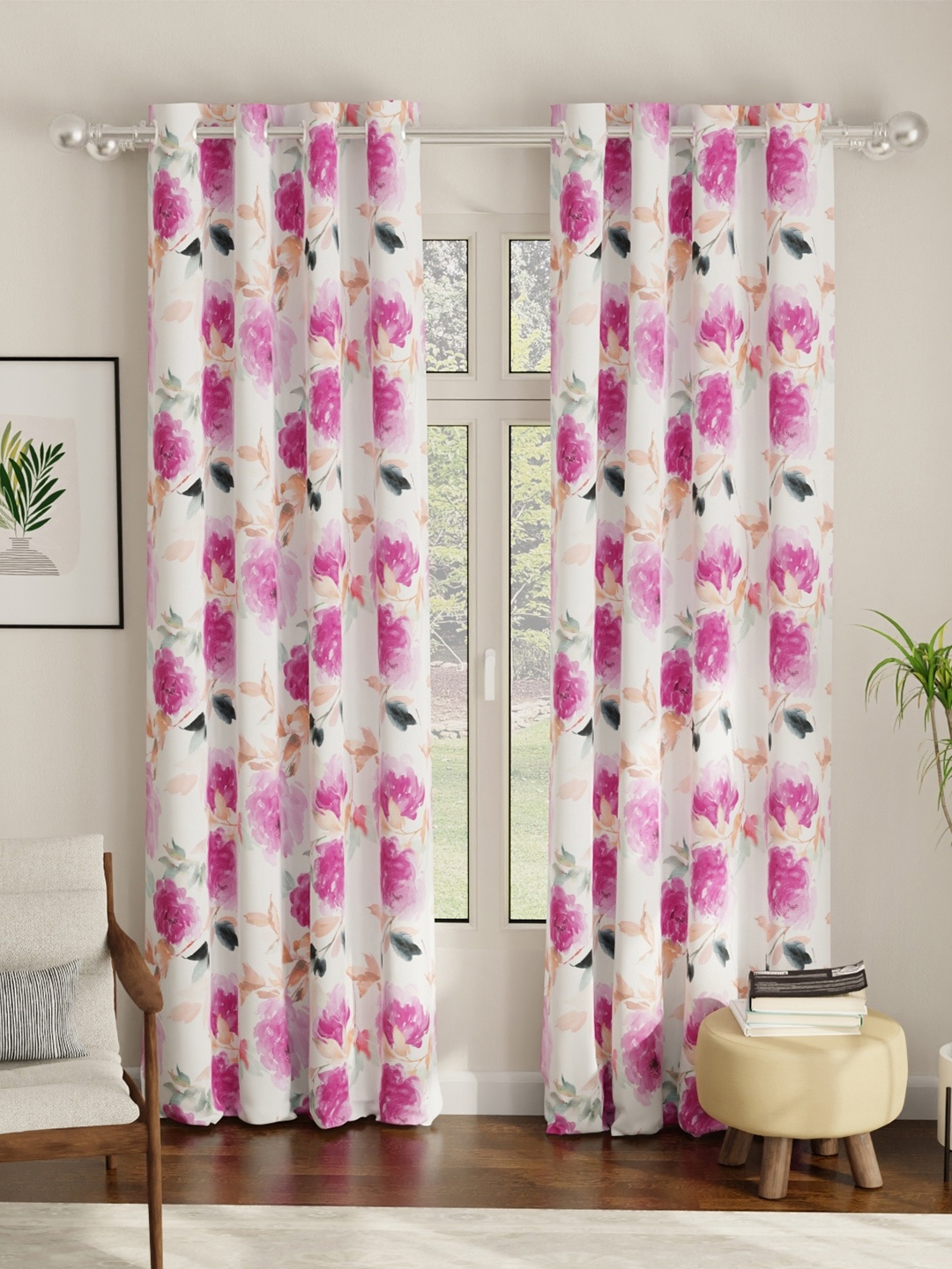 

URBAN SPACE Digital Printed Pink & White 2 Pieces Floral Black Out Long Door Curtain