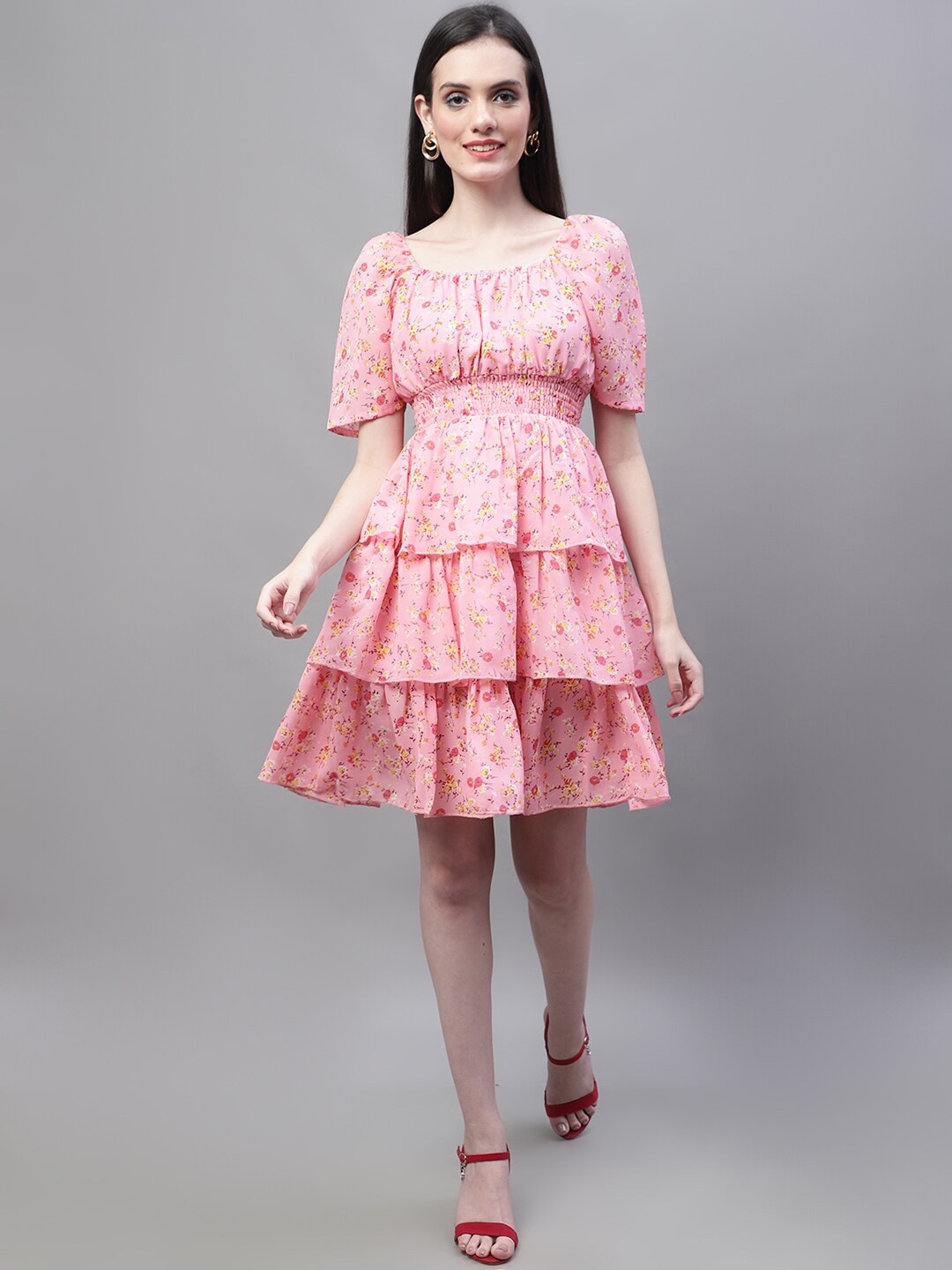 

MARC LOUIS Floral Print Square Neck Layered Georgette Fit & Flare Dress, Peach