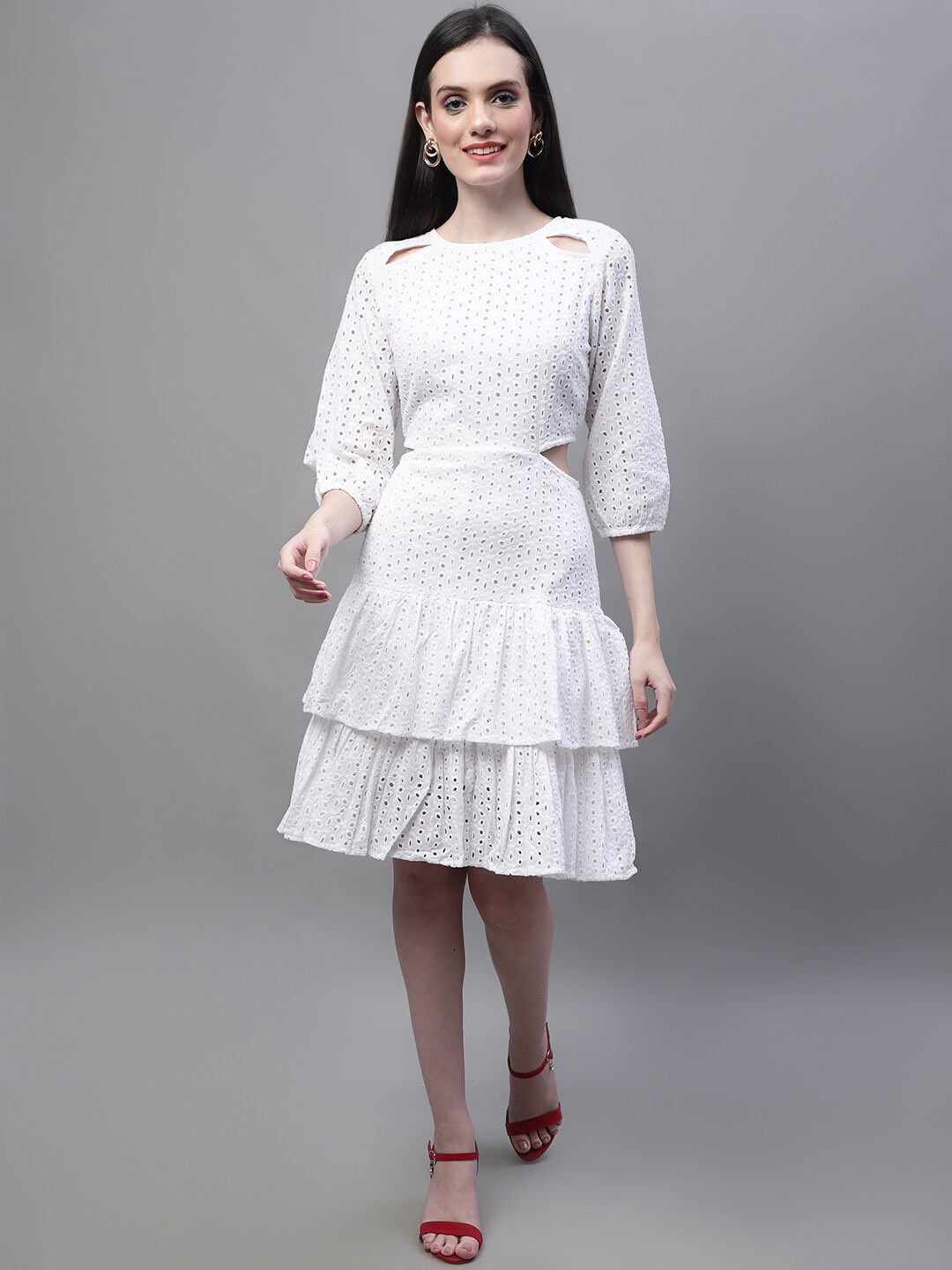 

MARC LOUIS Round Neck Cut Out Schiffli A-line Cotton Dress, White