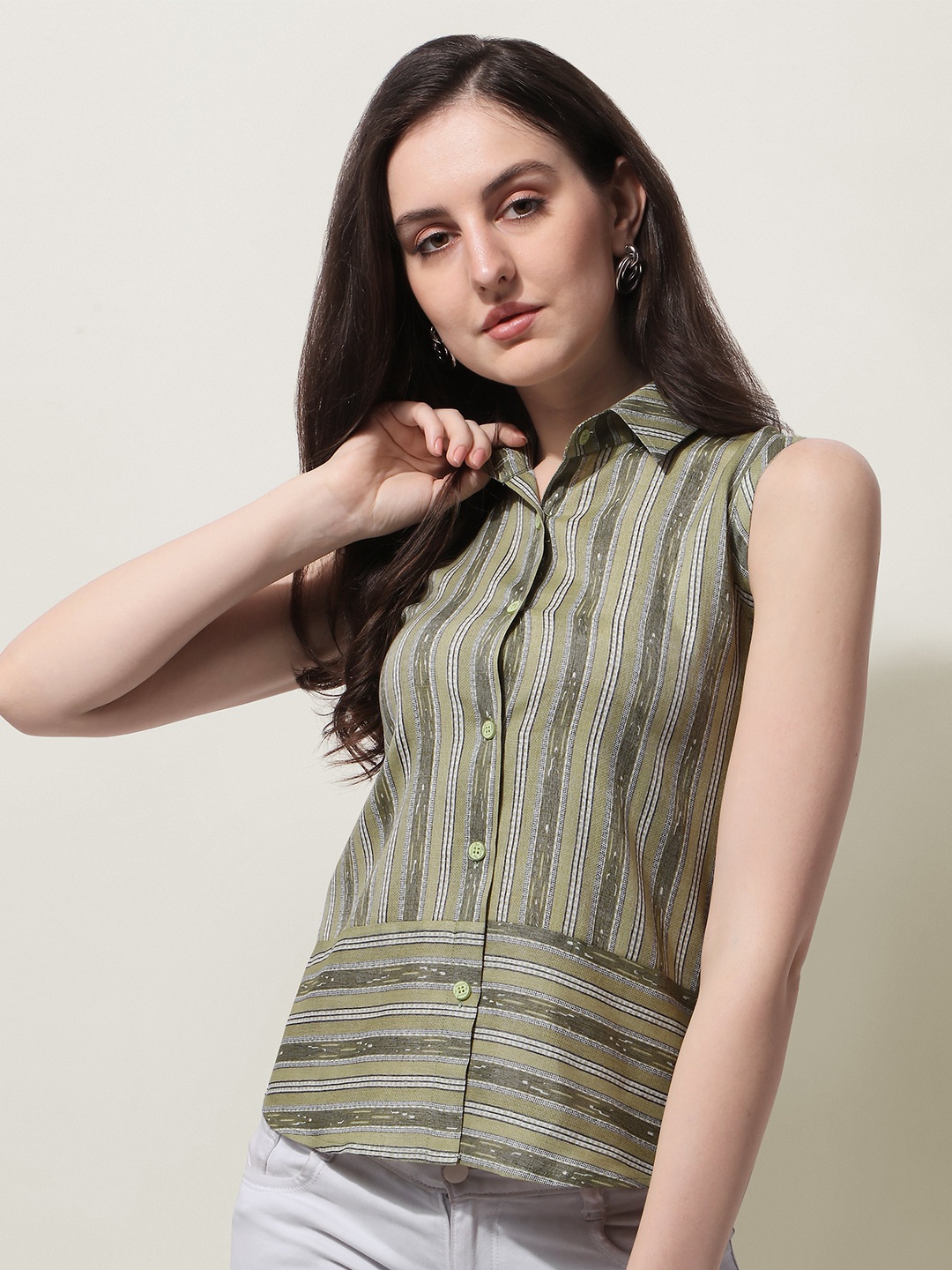 

Oomph! Spread Collar Striped Casual Shirt, Green