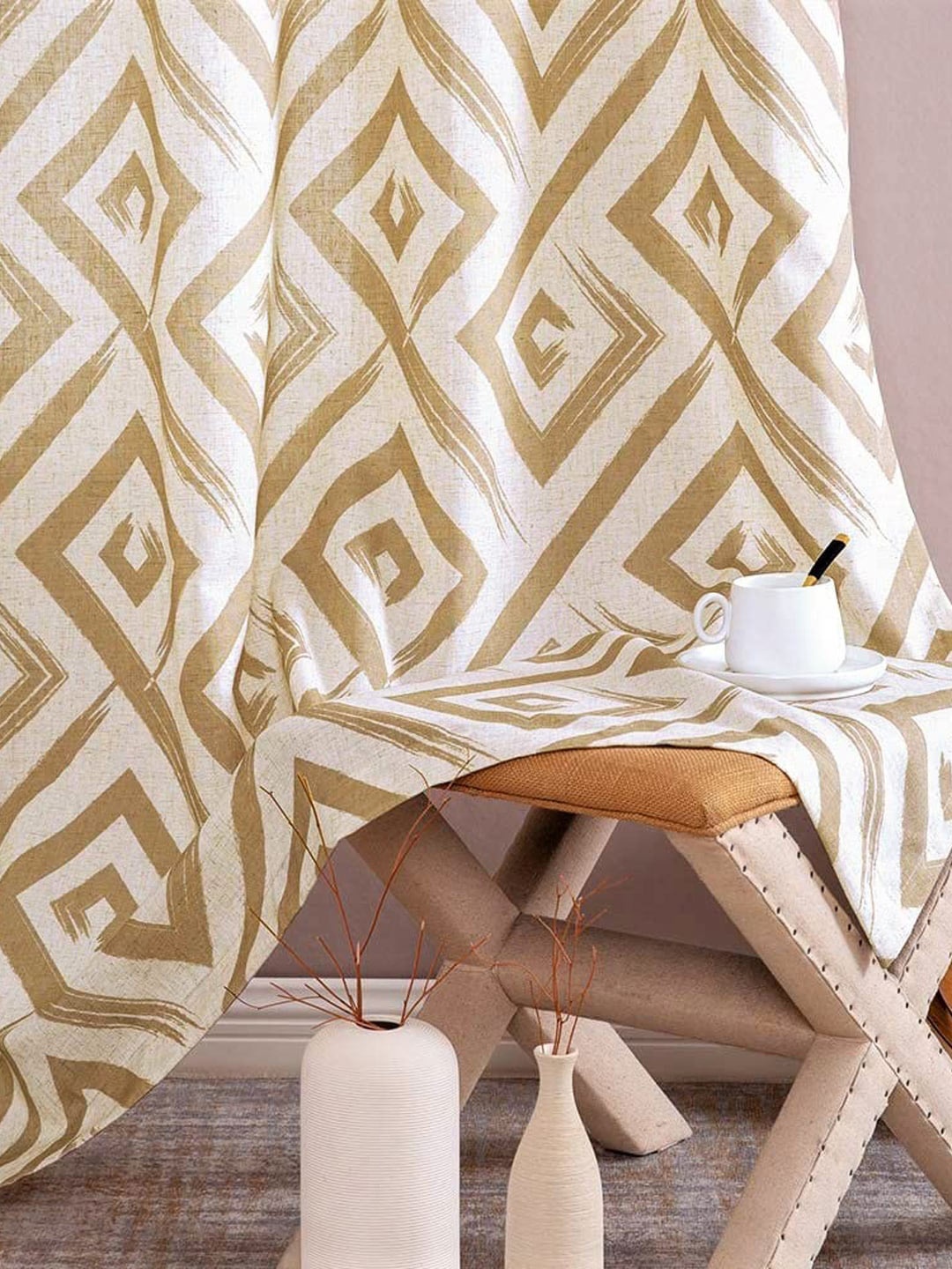

URBAN SPACE Beige Geometric Printed Cotton Long Door Curtain