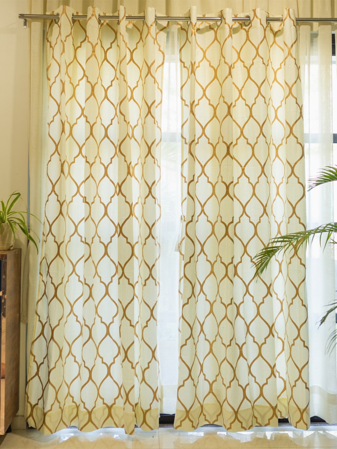 

URBAN SPACE Cream & Beige 2 Pieces Geometric Printed Cotton Long Door Curtain