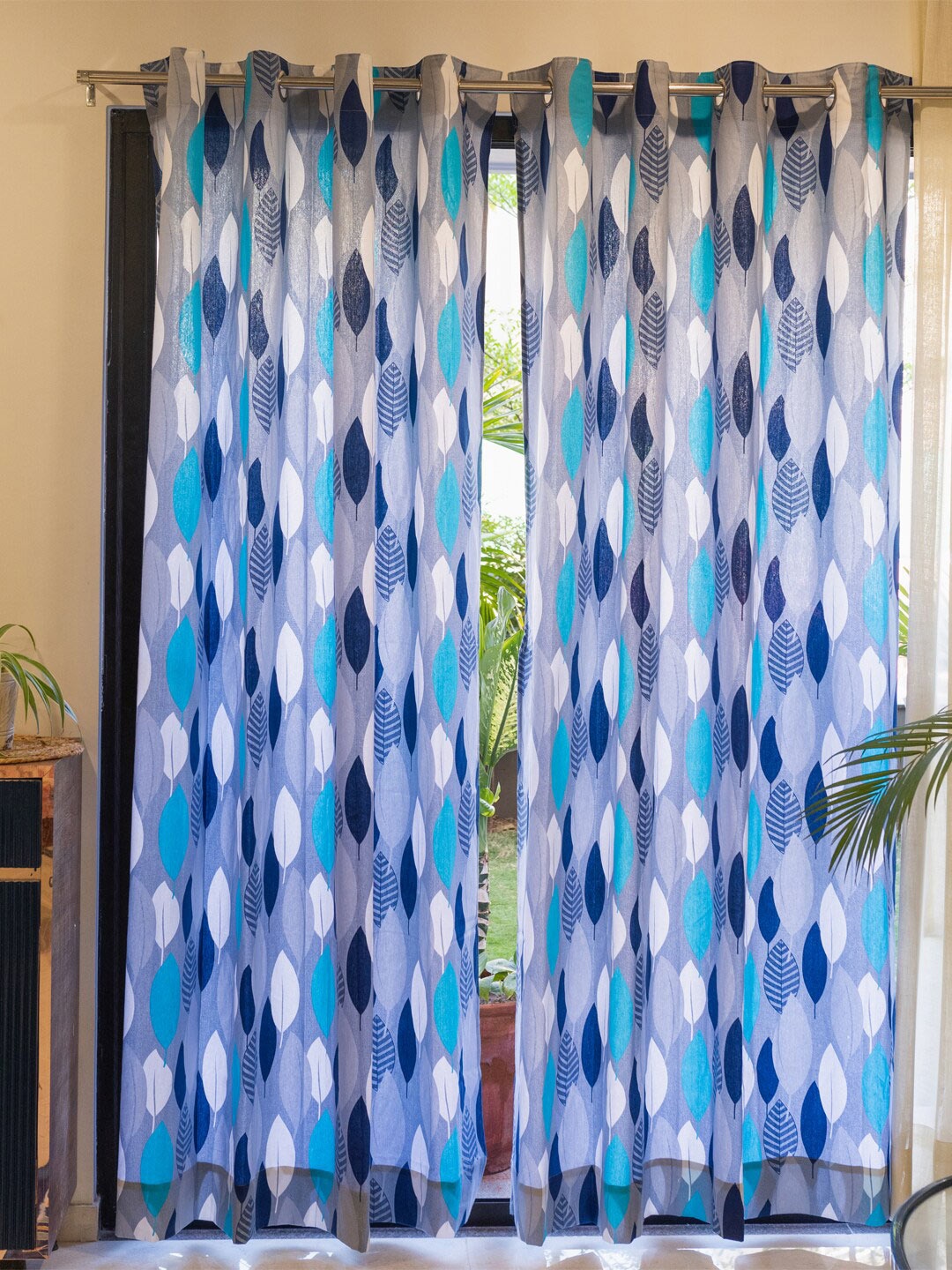 

URBAN SPACE Turquoise Blue 2 Pieces Quirky Printed Cotton Long Door Curtains