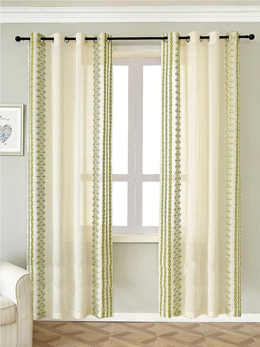 

URBAN SPACE Cream-Coloured & Green 2 Pieces Geometric Printed Cotton Door Curtain