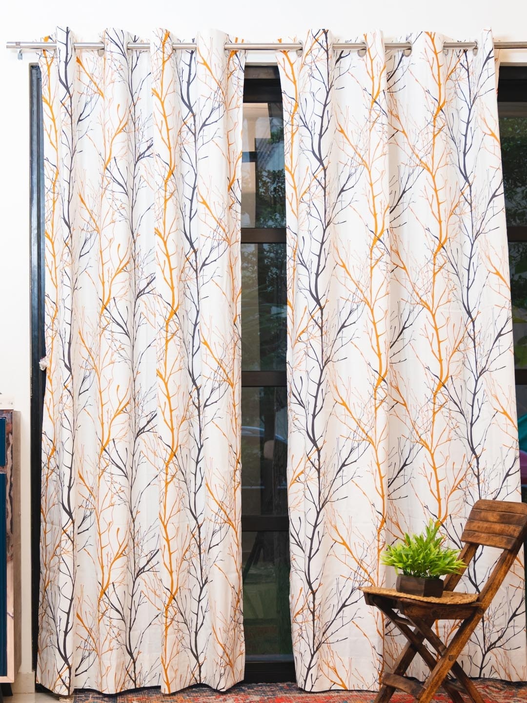 

URBAN SPACE Yellow & White 2 Pieces Quirky Printed Cotton Long Door Curtains