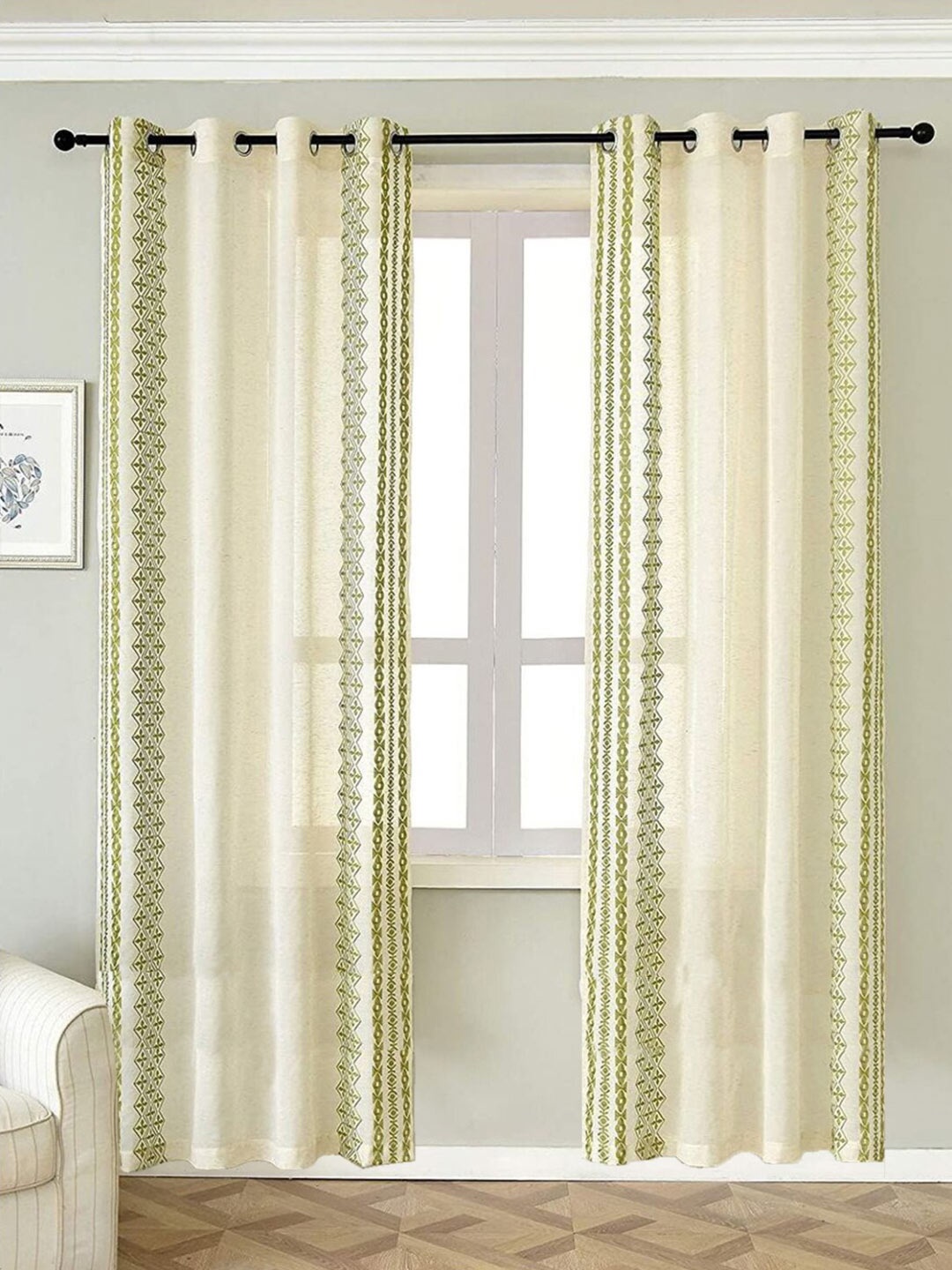 

URBAN SPACE Cream-Coloured & Green 2 Pieces Geometric Cotton Long Door Curtain