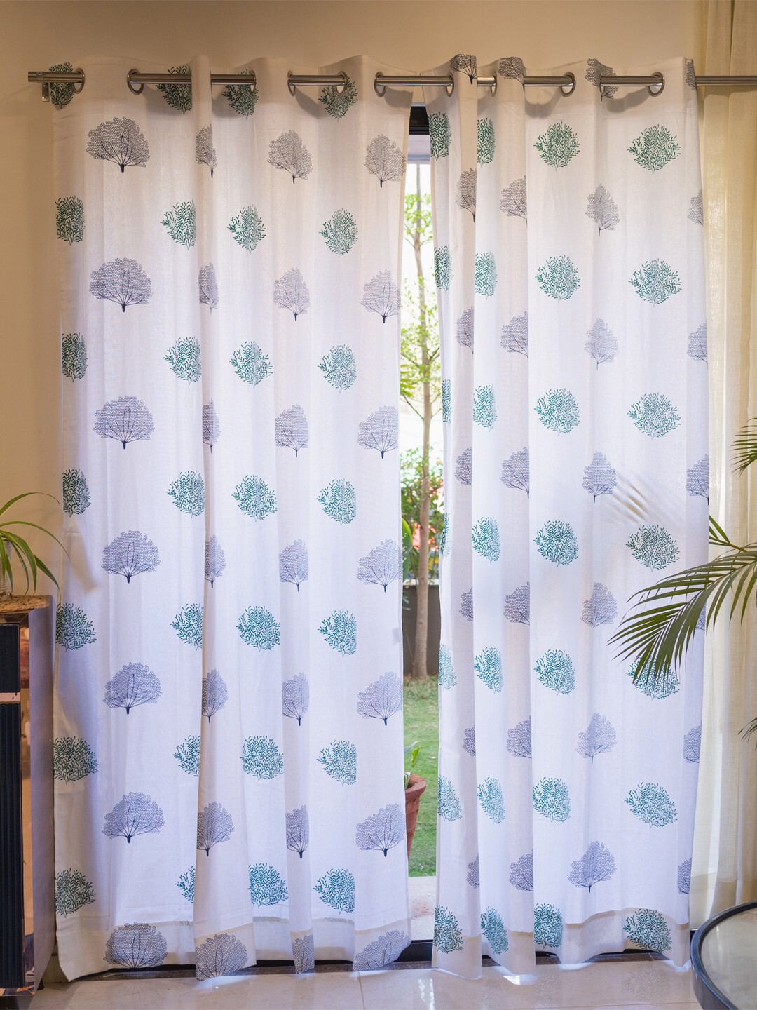 

URBAN SPACE White & Blue 2 Pieces Floral Printed Cotton Long Door Curtain