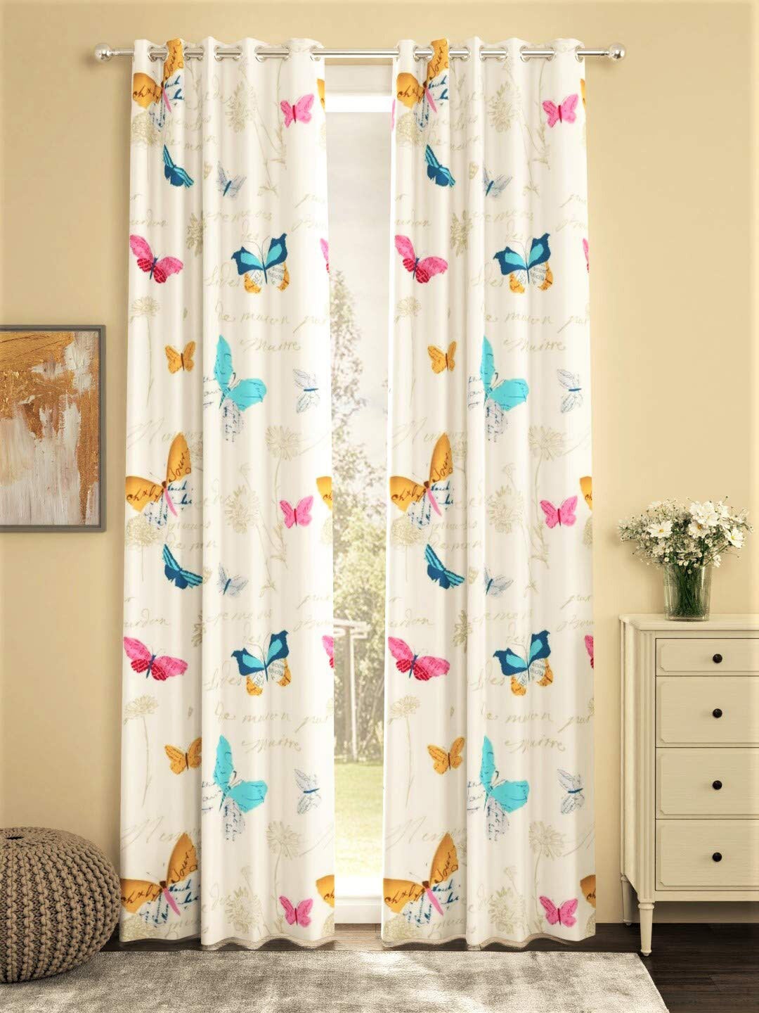 

URBAN SPACE Cream & Blue 2 Pieces Butterfly Printed Cotton Long Door Curtain