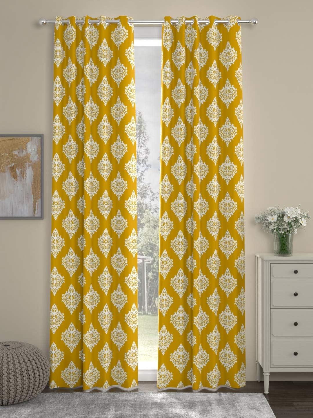 URBAN SPACE Yellow & White 2 Pieces Ethnic Motifs Cotton Door Curtain