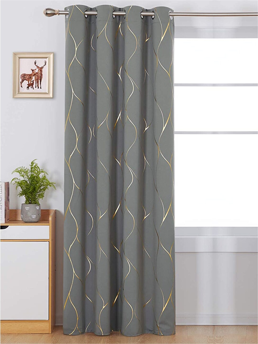 

URBAN SPACE Gold Foil Grey & Gold-Toned Printed Cotton Black Out Window Curtain