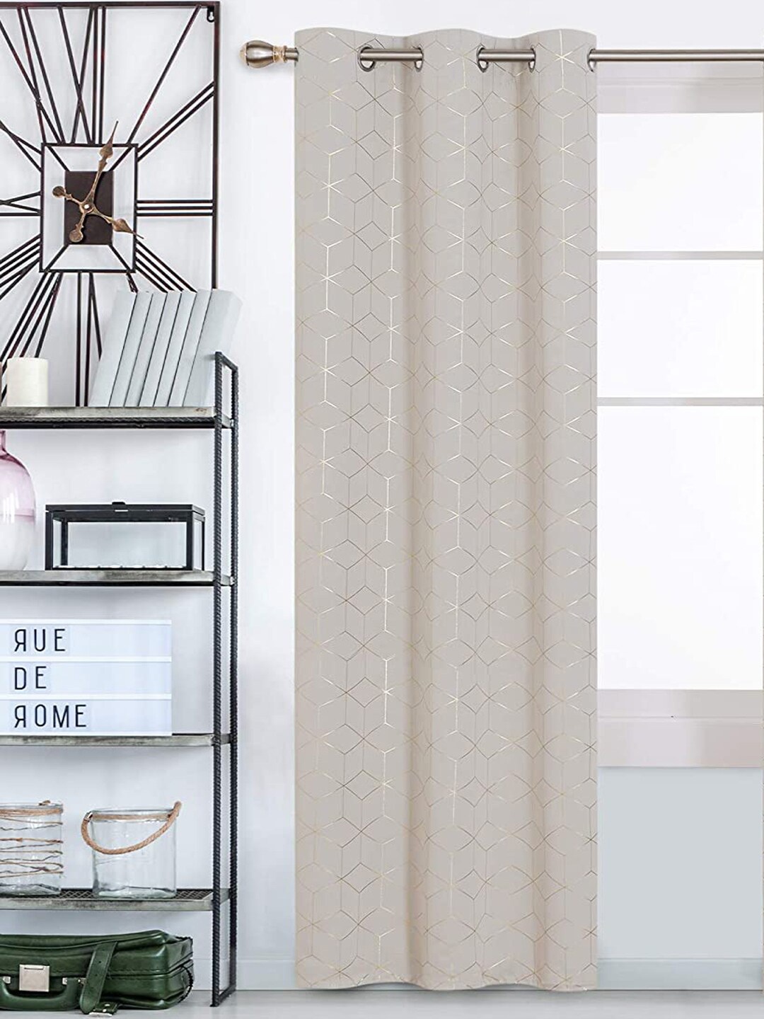 

URBAN SPACE Gold Foil Beige Printed Cotton Black Out Window Curtain