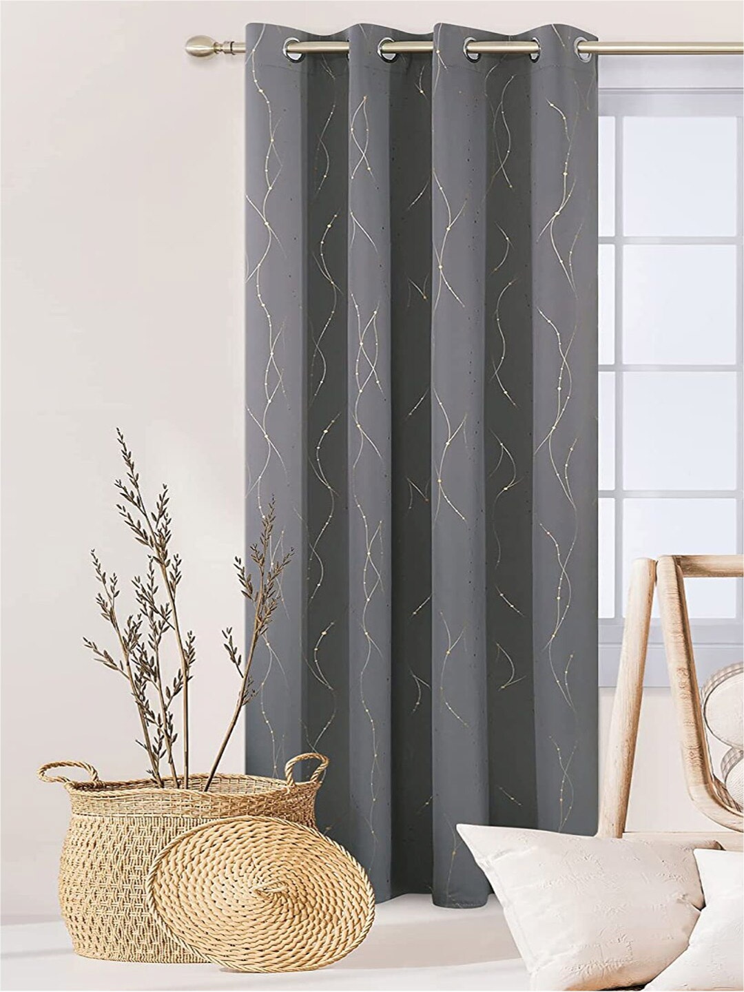 

URBAN SPACE Gold Foil Grey & Gold-Toned Printed Cotton Black Out Window Curtain