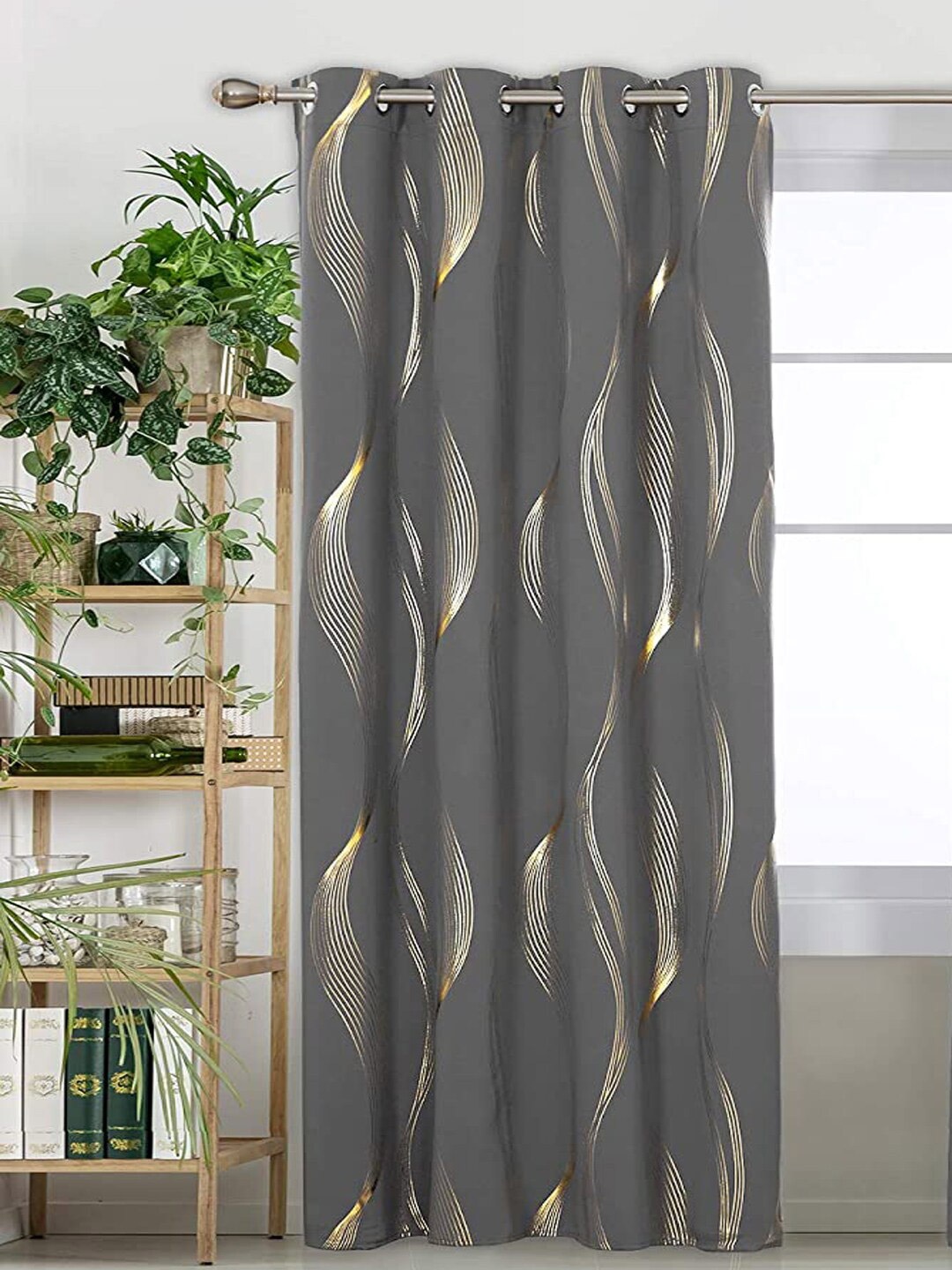 

URBAN SPACE Gold Foil Grey & Gold-Toned Printed Cotton Black Out Window Curtain