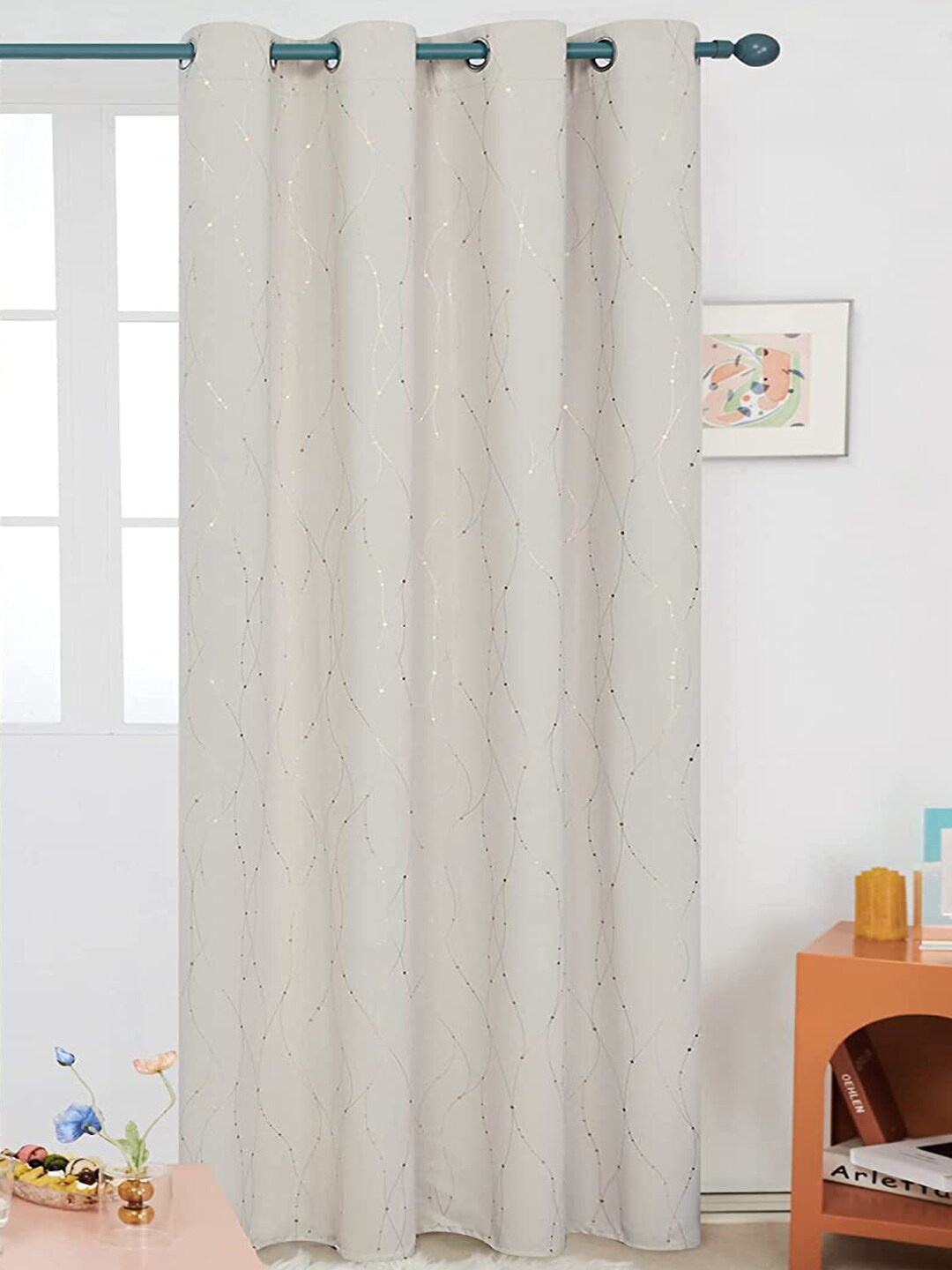

URBAN SPACE Gold Foil Beige Abstract Printed Cotton Black Out Long Door Curtain