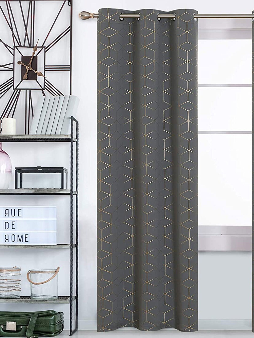 

URBAN SPACE Gold Foil Grey & Gold-Toned Geometric Black Out Door Curtain