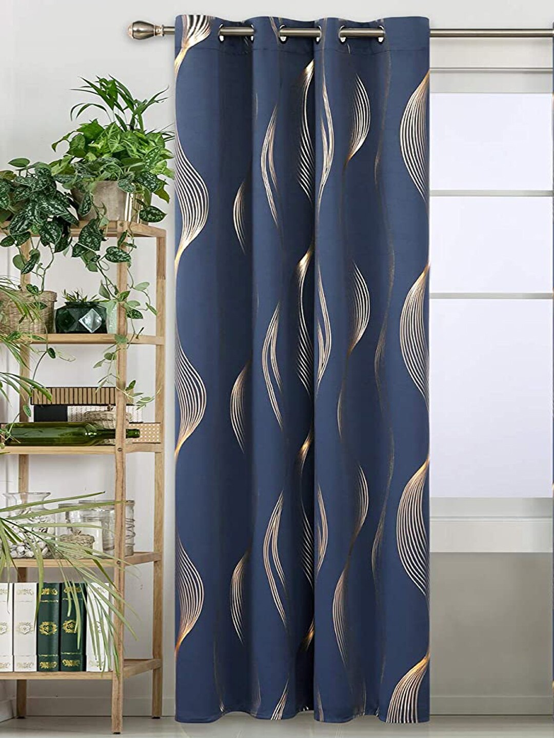

URBAN SPACE Gold Foil Navy Blue & Gold-Toned Printed Black Out Door Curtain