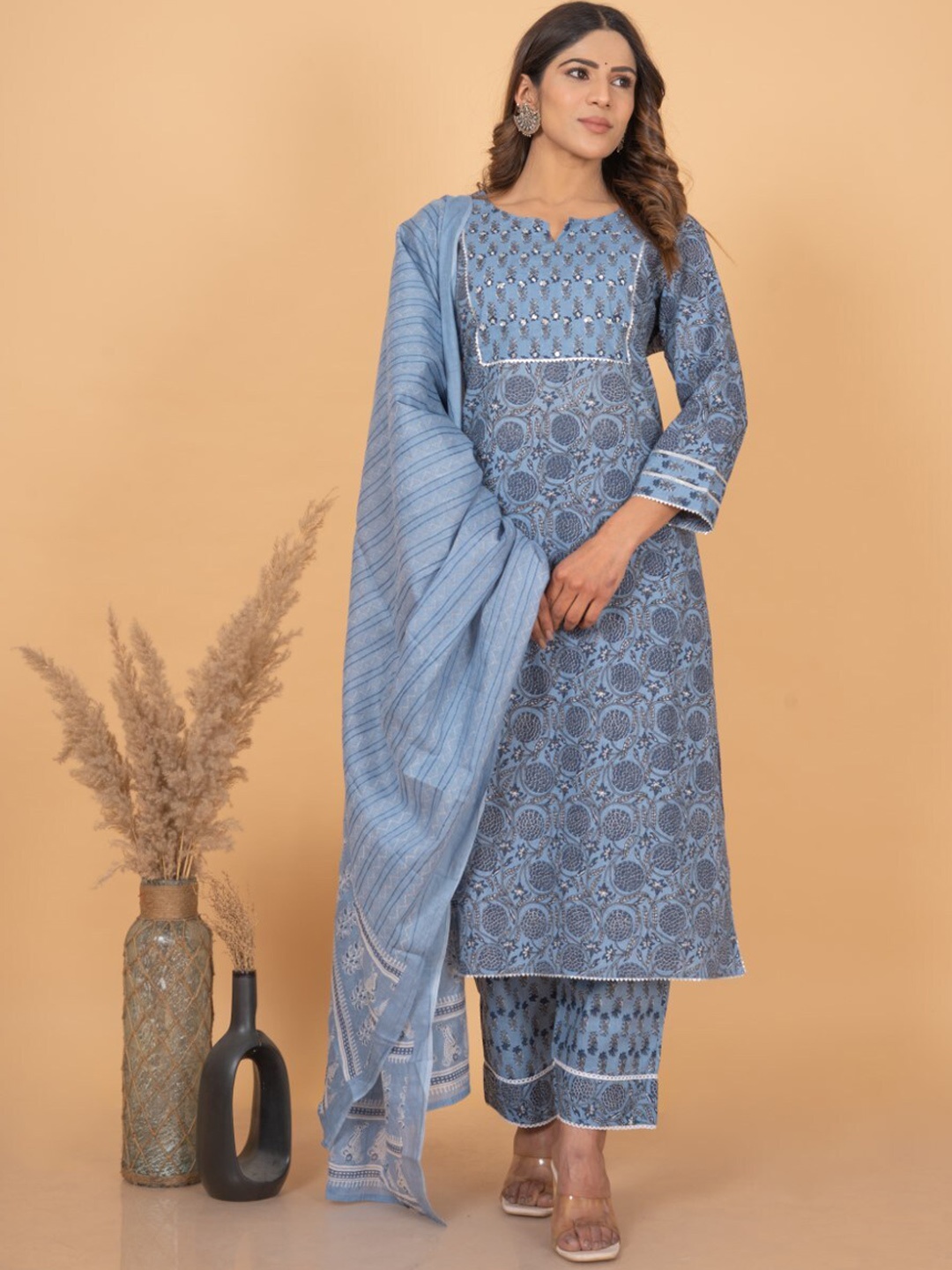 

KALINI Floral Printed Gotta Patti Pure Cotton Kurta with Trousers & Dupatta, Blue