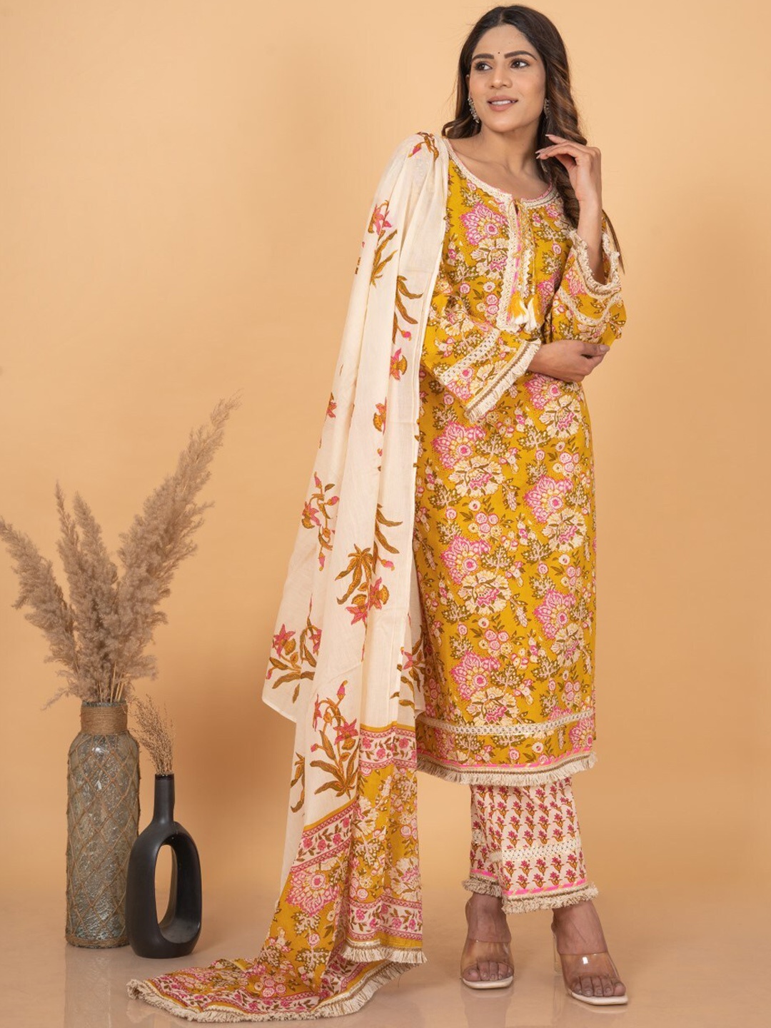 

KALINI Floral Printed Pure Cotton Kurta with Trousers & Dupatta, Mustard