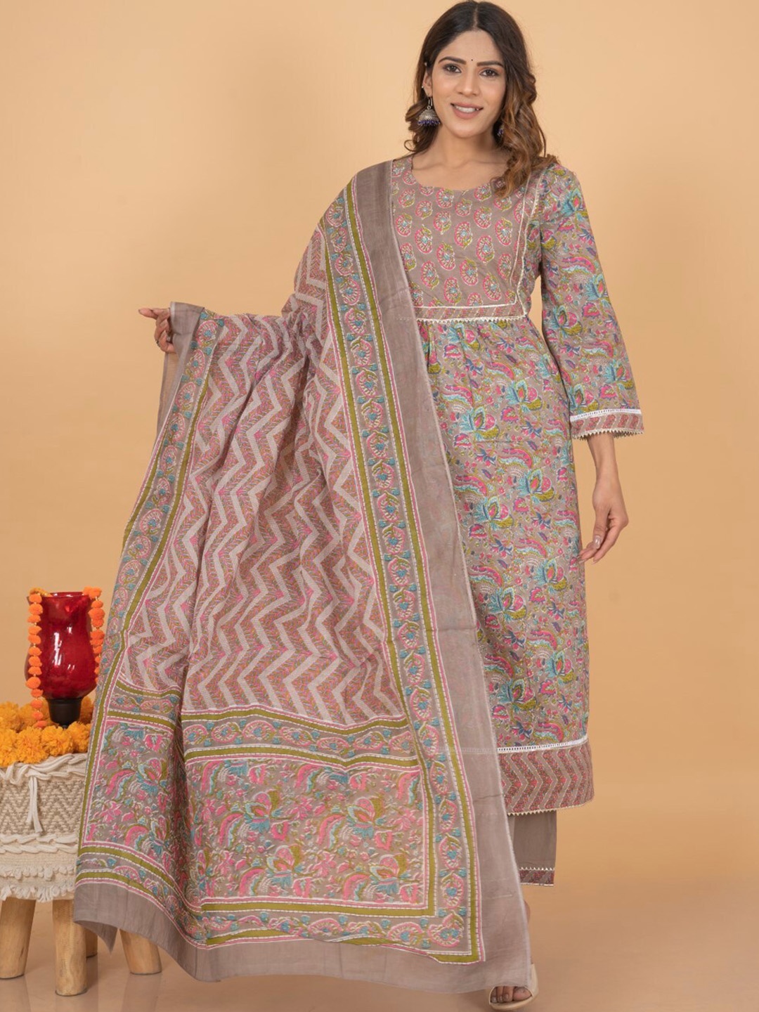 

KALINI Floral Printed Gotta Patti Pure Cotton Kurta with Palazzos & Dupatta, Taupe
