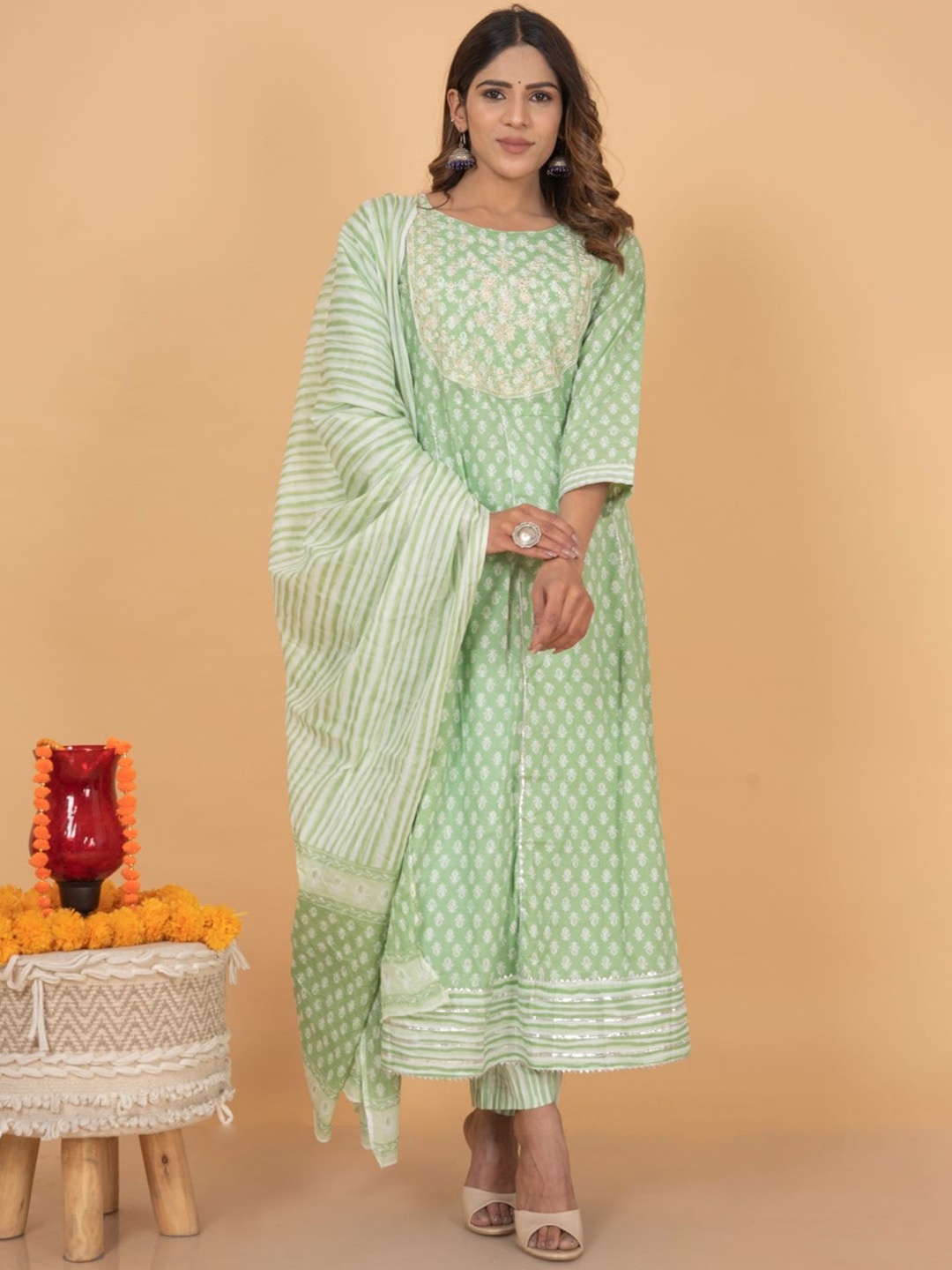 

KALINI Ethnic Motifs Printed Thread Work Pure Cotton Kurta with Trousers & Dupatta, Green