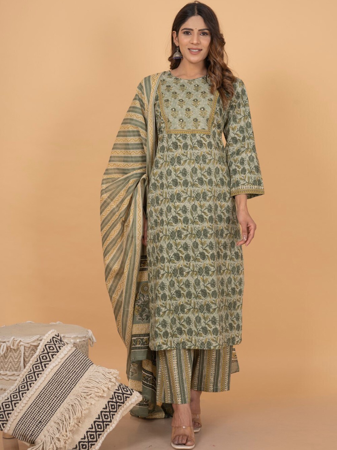 

KALINI Floral Printed Sequined Pure Cotton Kurta with Palazzos & Dupatta, Green