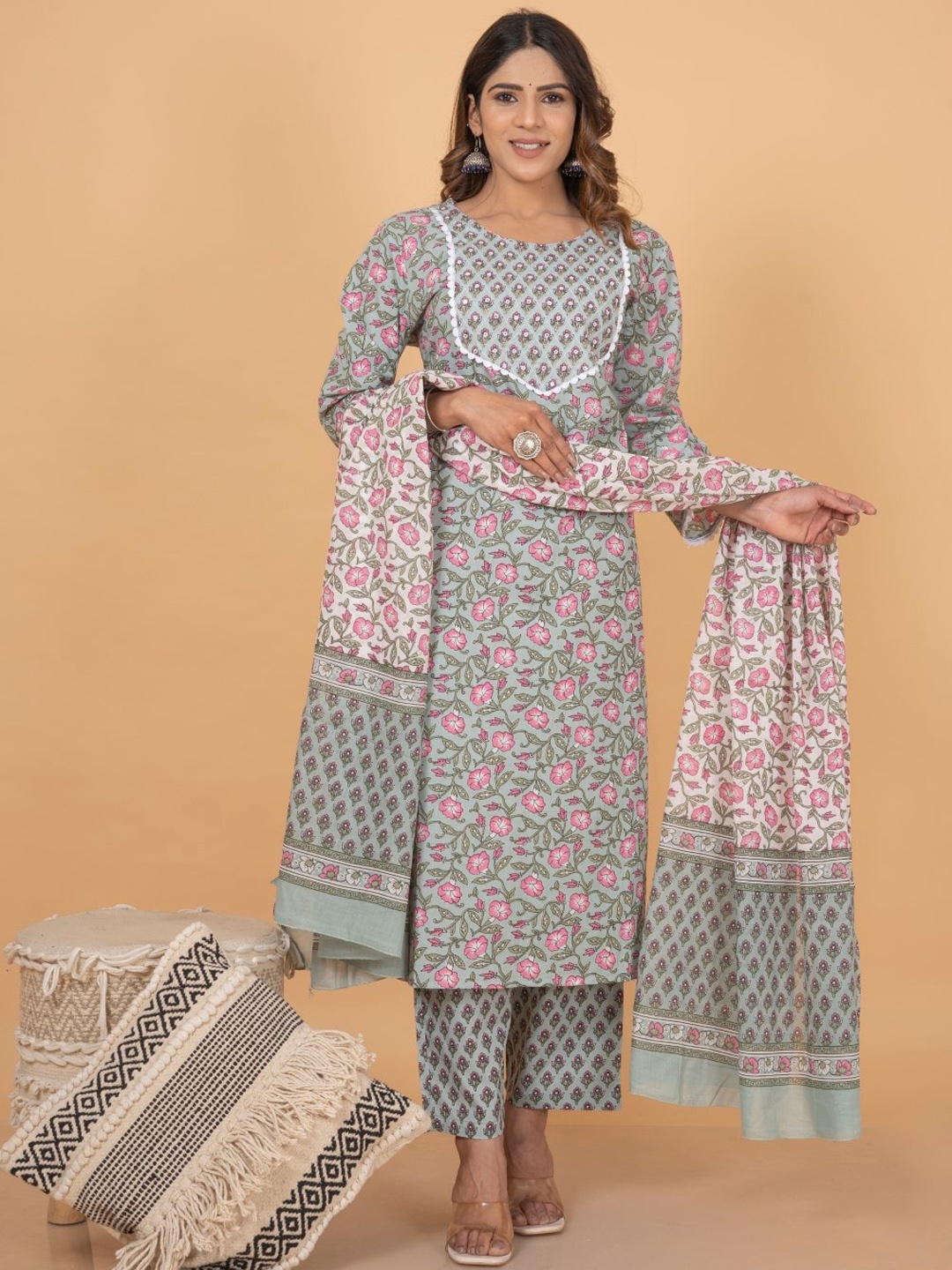KALINI Floral Printed Mirror Work Pure Cotton Kurta With Palazzos & Dupatta, Grey