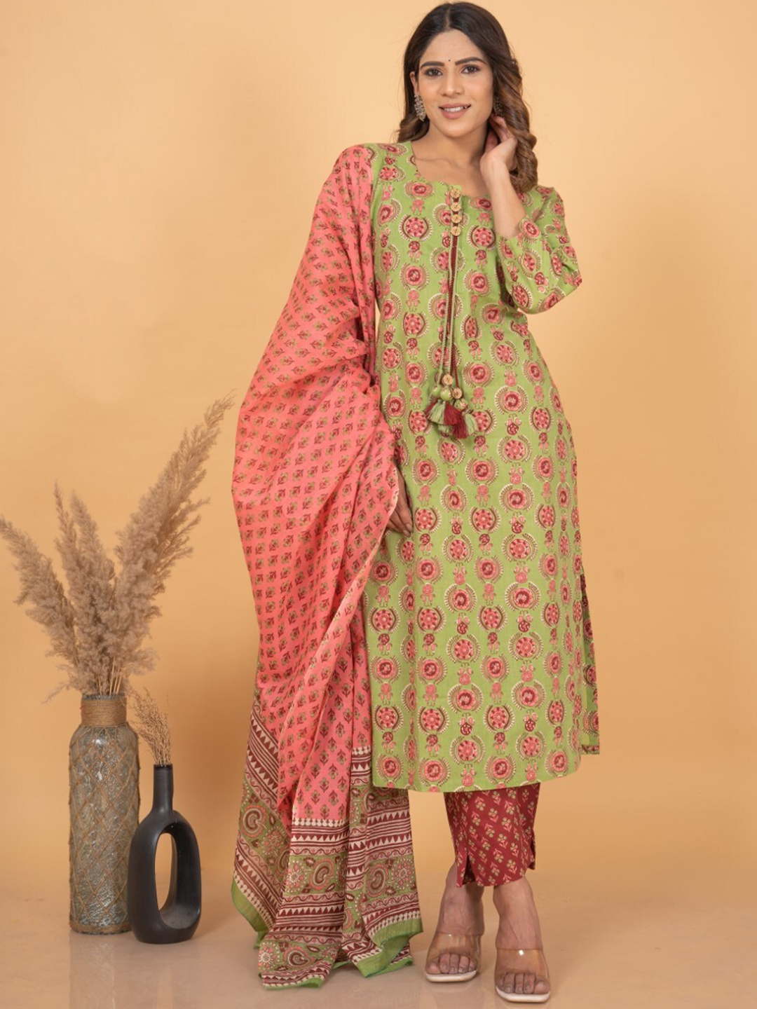 

KALINI Ethnic Motifs Printed Pure Cotton Kurta with Trousers & Dupatta, Green