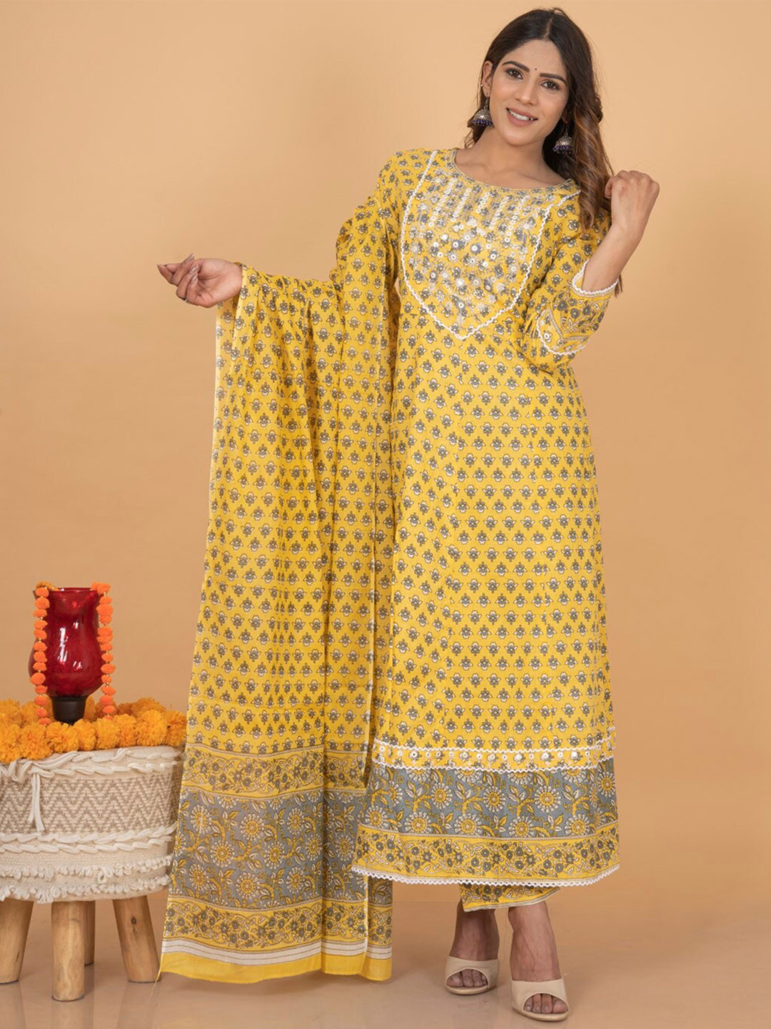 

KALINI Floral Printed Mirror Work A-Line Pure Cotton Kurta with Trousers & Dupatta, Yellow