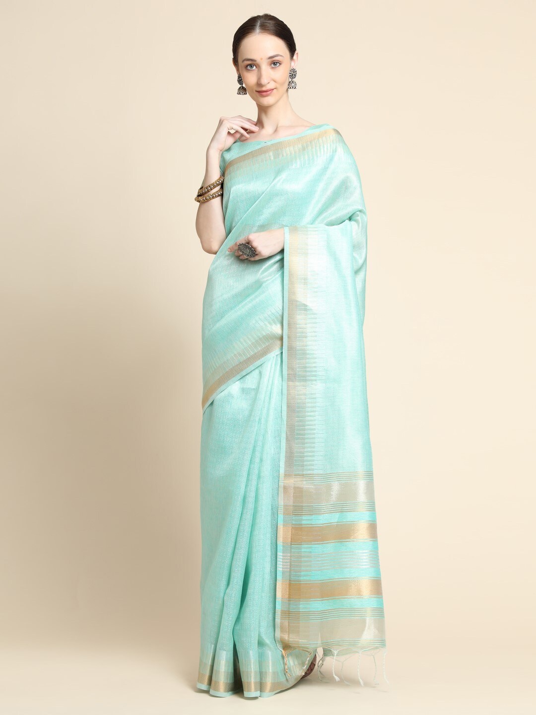 

VISHNU WEAVES Woven Design Zari Tissue Maheshwari Saree, Sea green