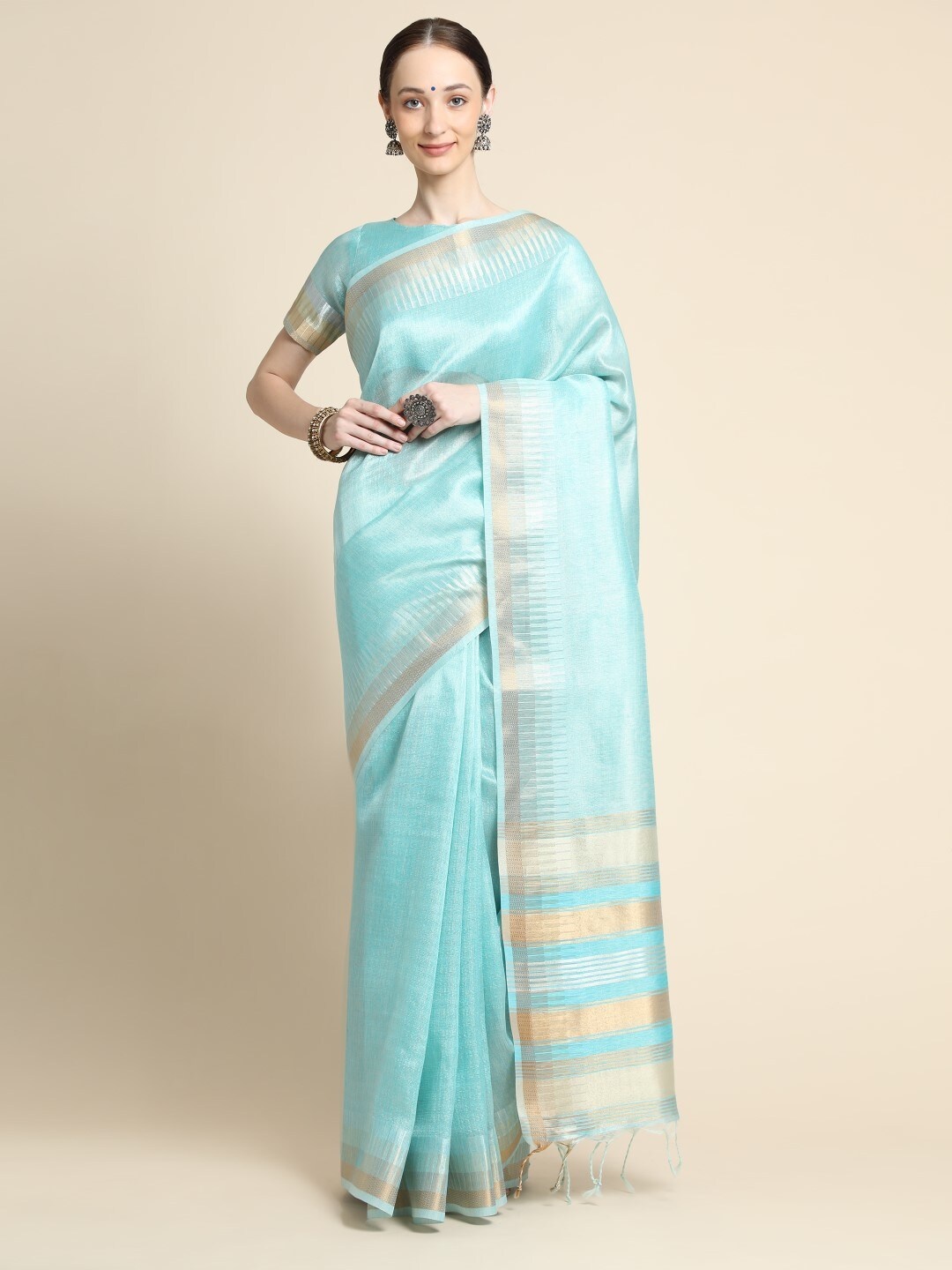 

VISHNU WEAVES Woven Design Zari Tissue Maheshwari Saree, Sea green