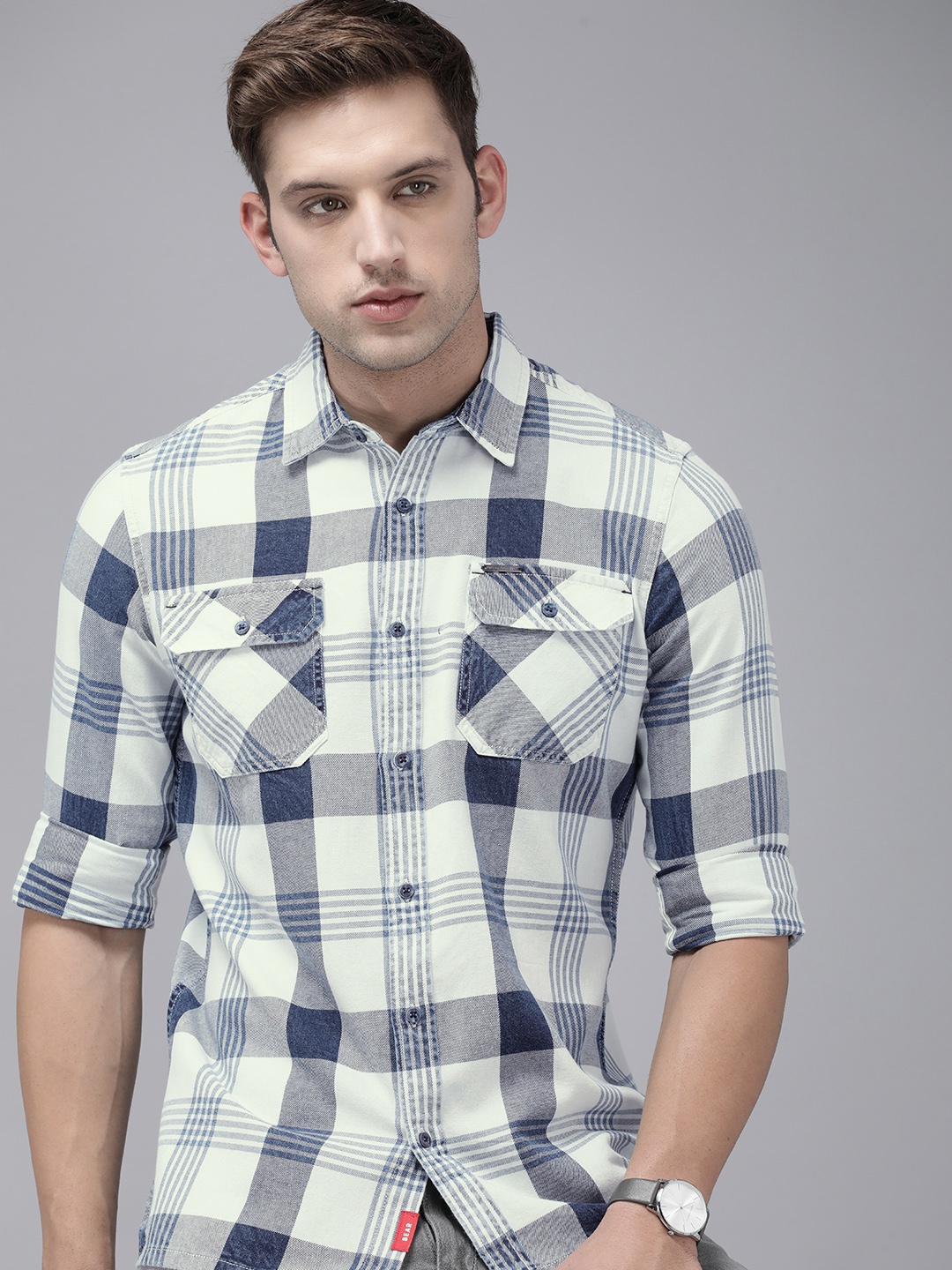 

THE BEAR HOUSE Men Blue Slim Fit Tartan Checks Opaque Checked Casual Shirt