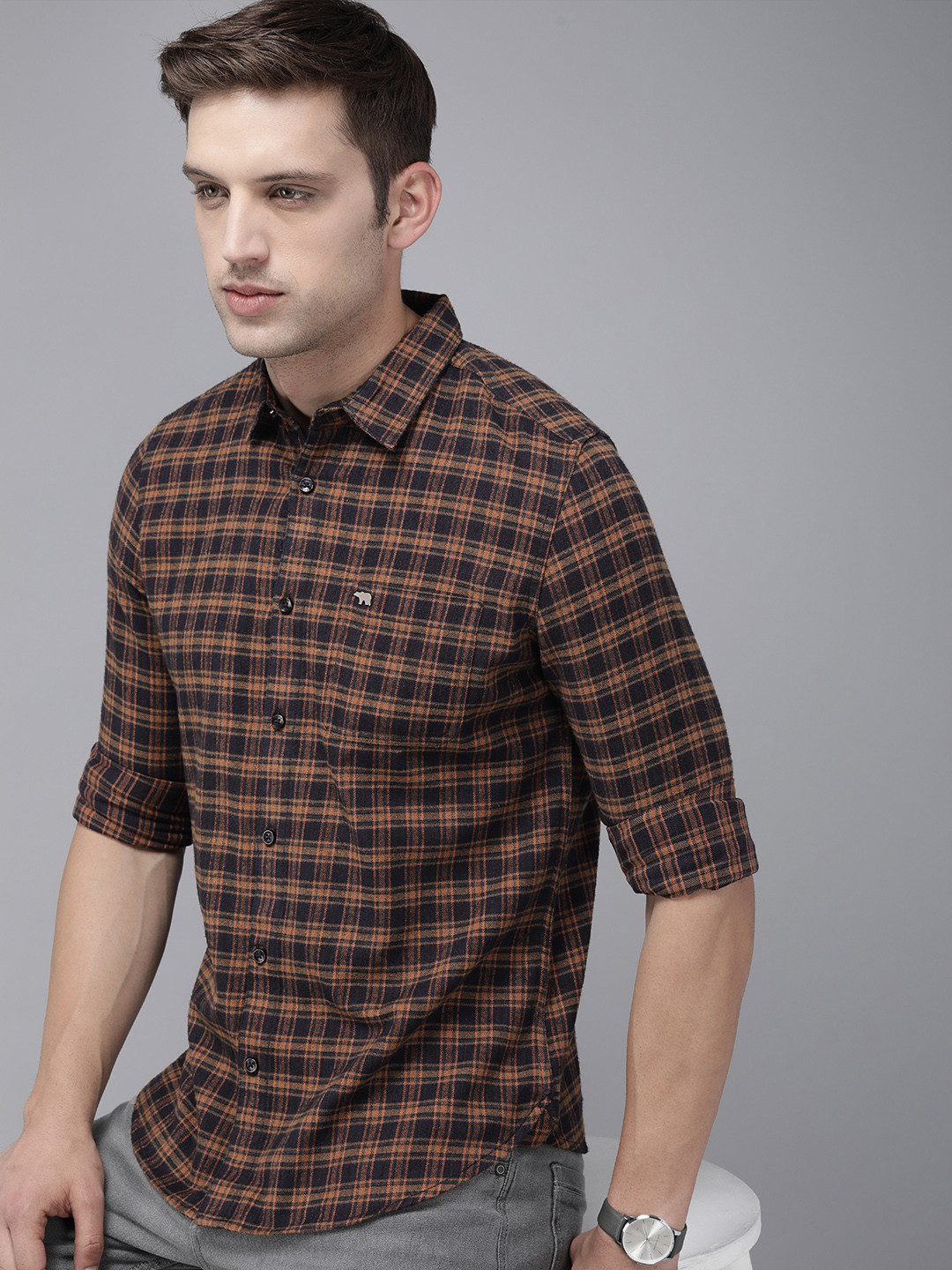 

THE BEAR HOUSE Men Brown Slim Fit Tartan Checks Opaque Checked Casual Shirt