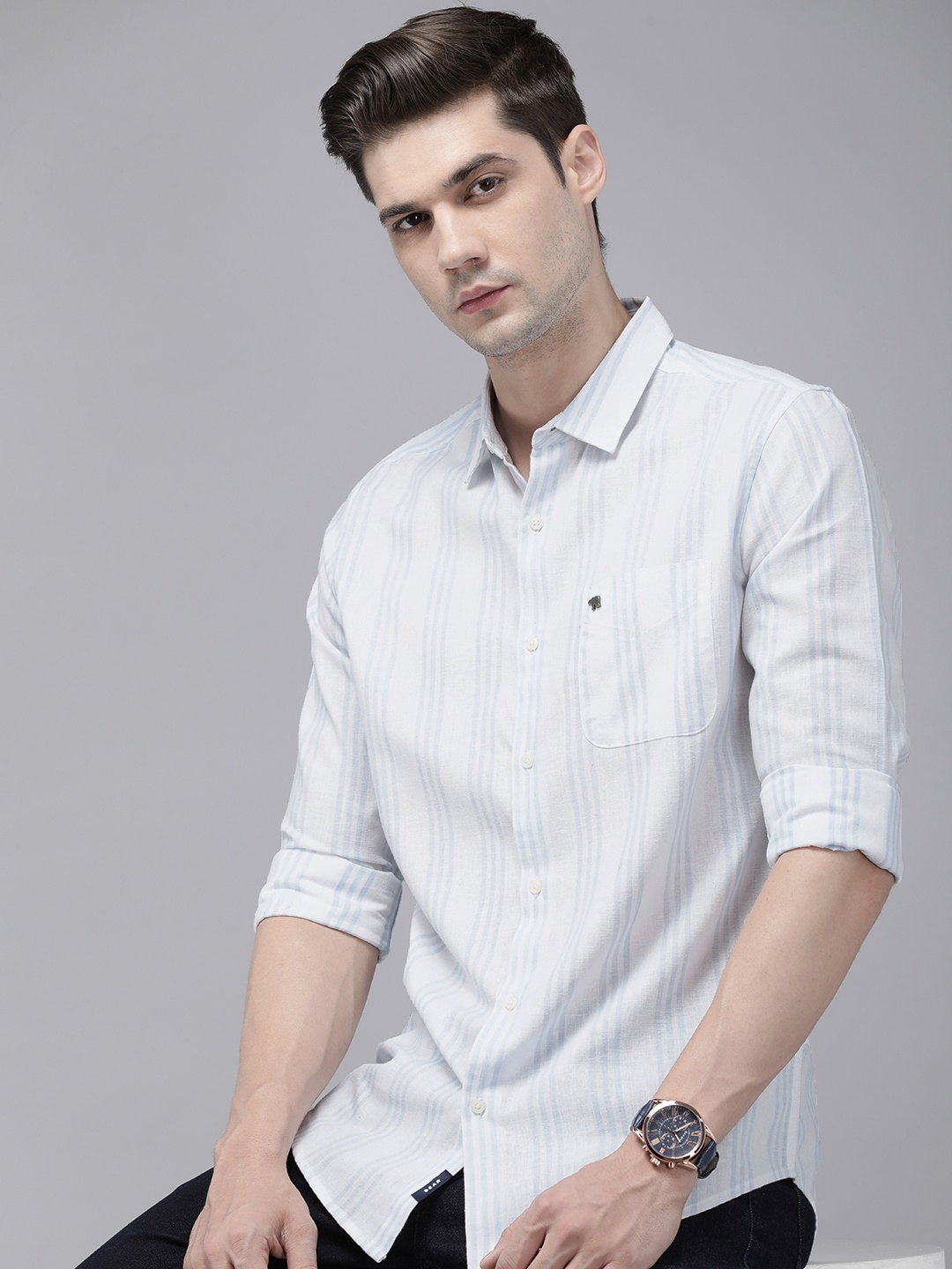 

THE BEAR HOUSE Men White Slim Fit Opaque Striped Casual Shirt
