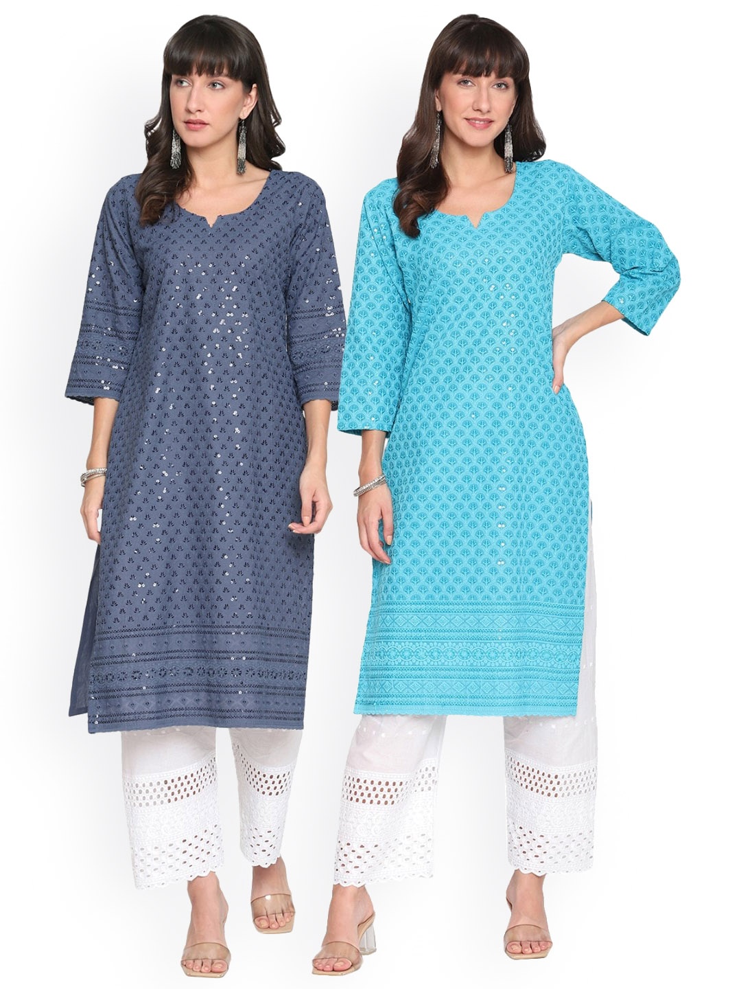 

KALINI A Selection Of 2 Ethnic Motifs Chikankari Embroidered Notched Neck Cotton Kurta, Navy blue