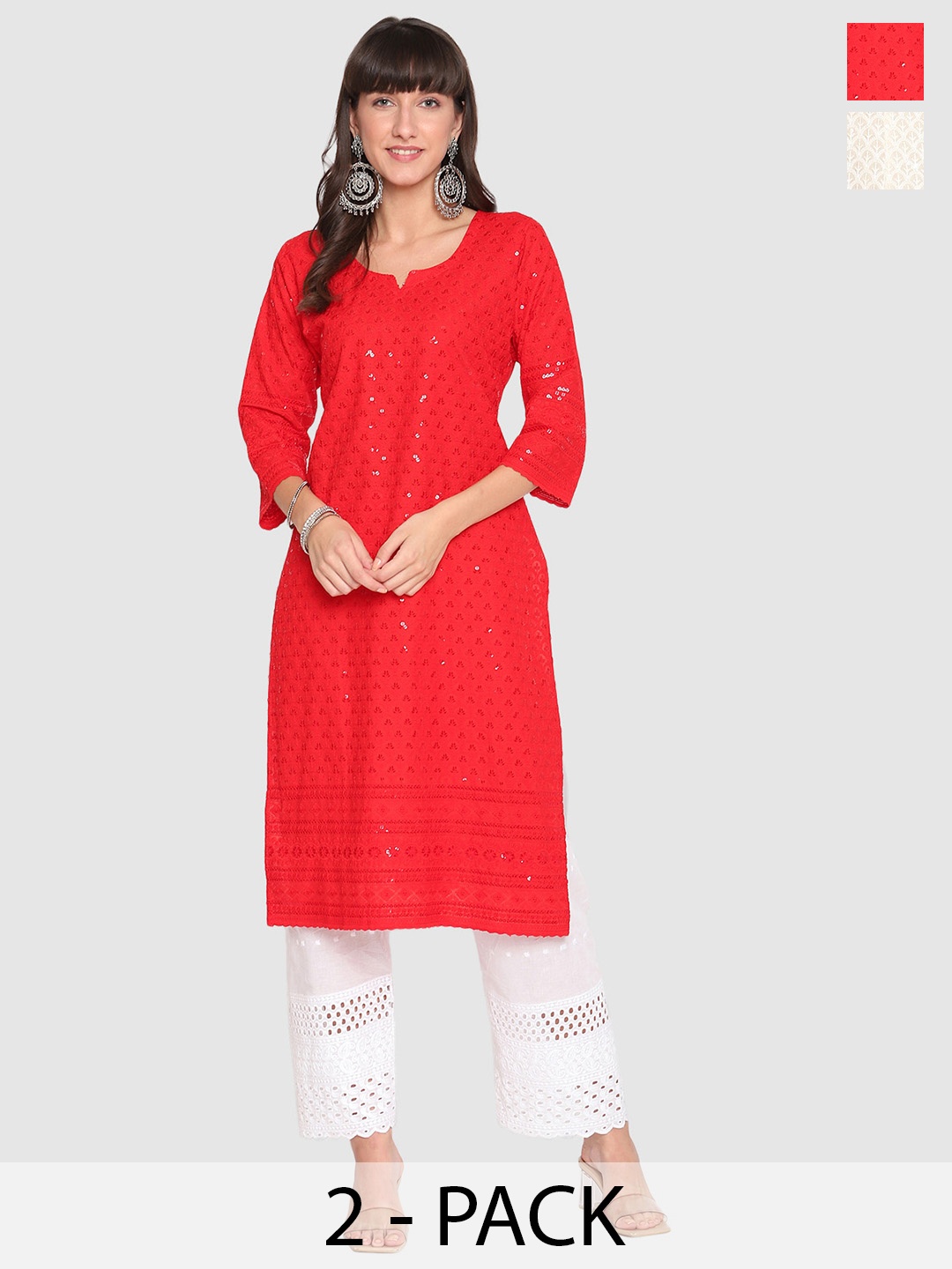 

KALINI Pack Of 2 Embroidered Notched Neck Chikankari Pure Cotton Kurta, Red