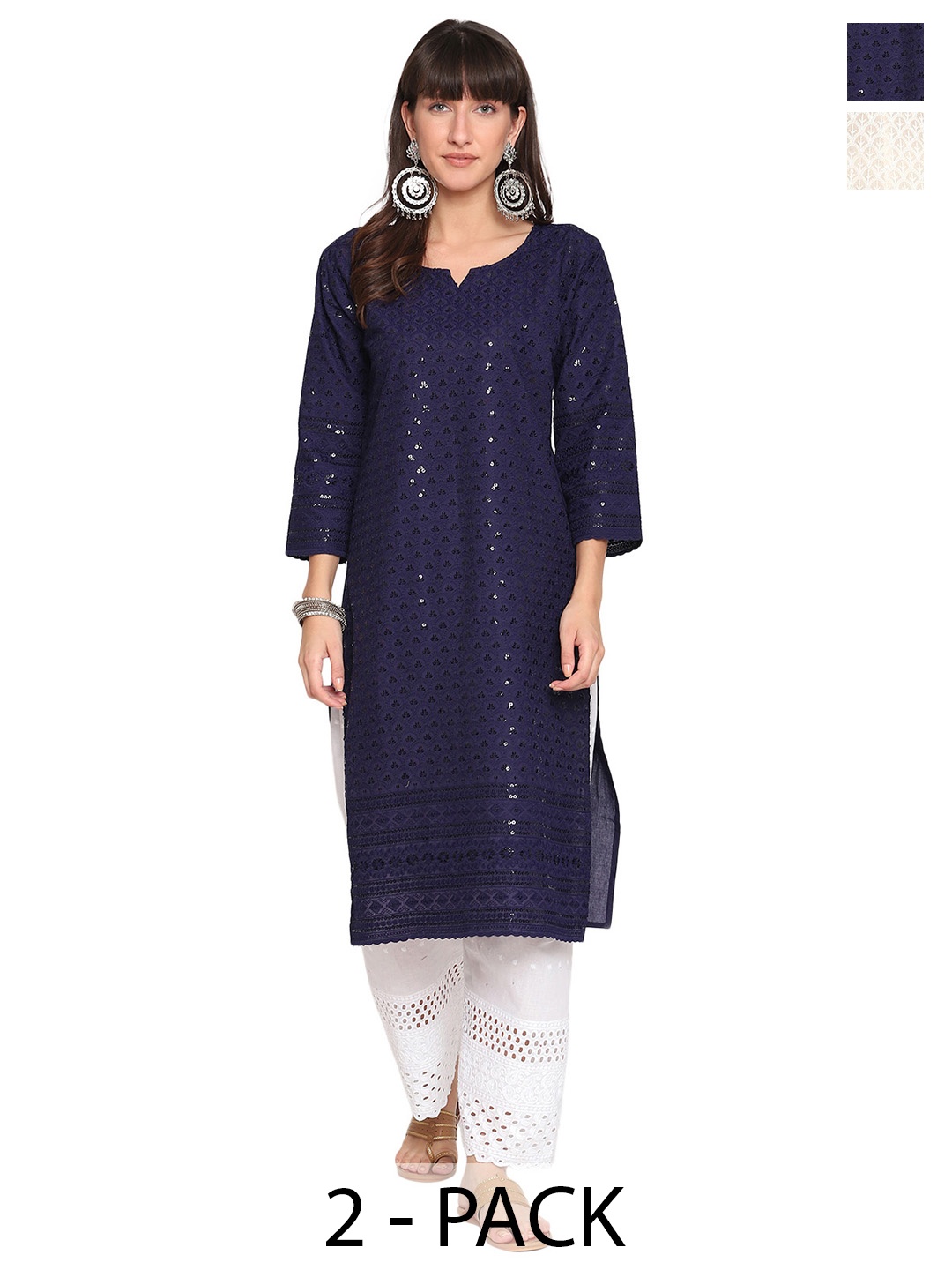 

KALINI Pack Of 2 Embroidered Sequined Cotton Kurtas, Off white