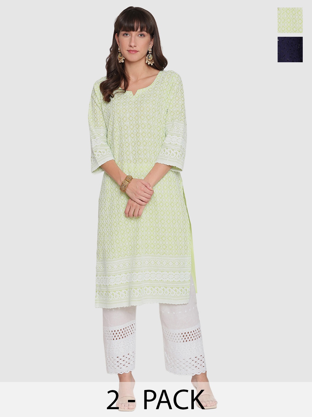 

KALINI Pack of 2 Ethnic Motifs Embroidered Chikankari Anarkali Kurta, Green