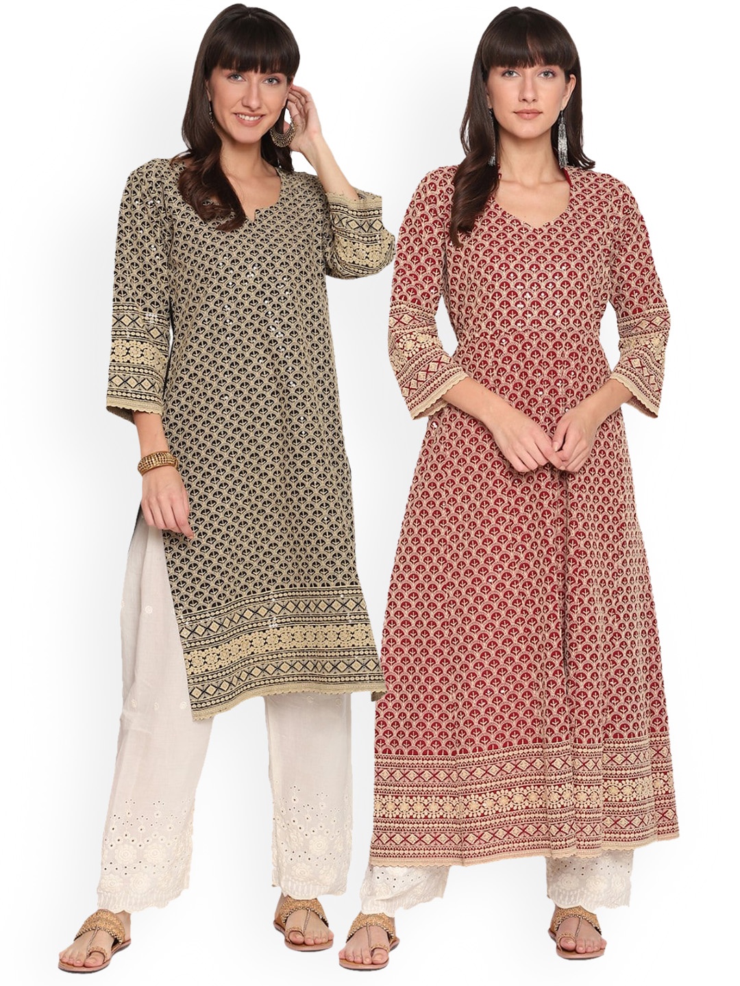 

KALINI Pack Of 2 Ethnic Motifs Chikankari Embroidered Cotton Kurta, Brown